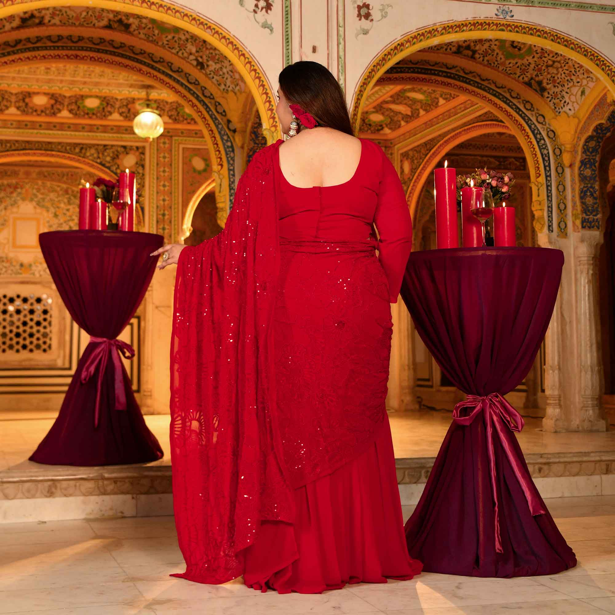 Darling- Red Georgette Cutdana Embroidered Drape Saree Set