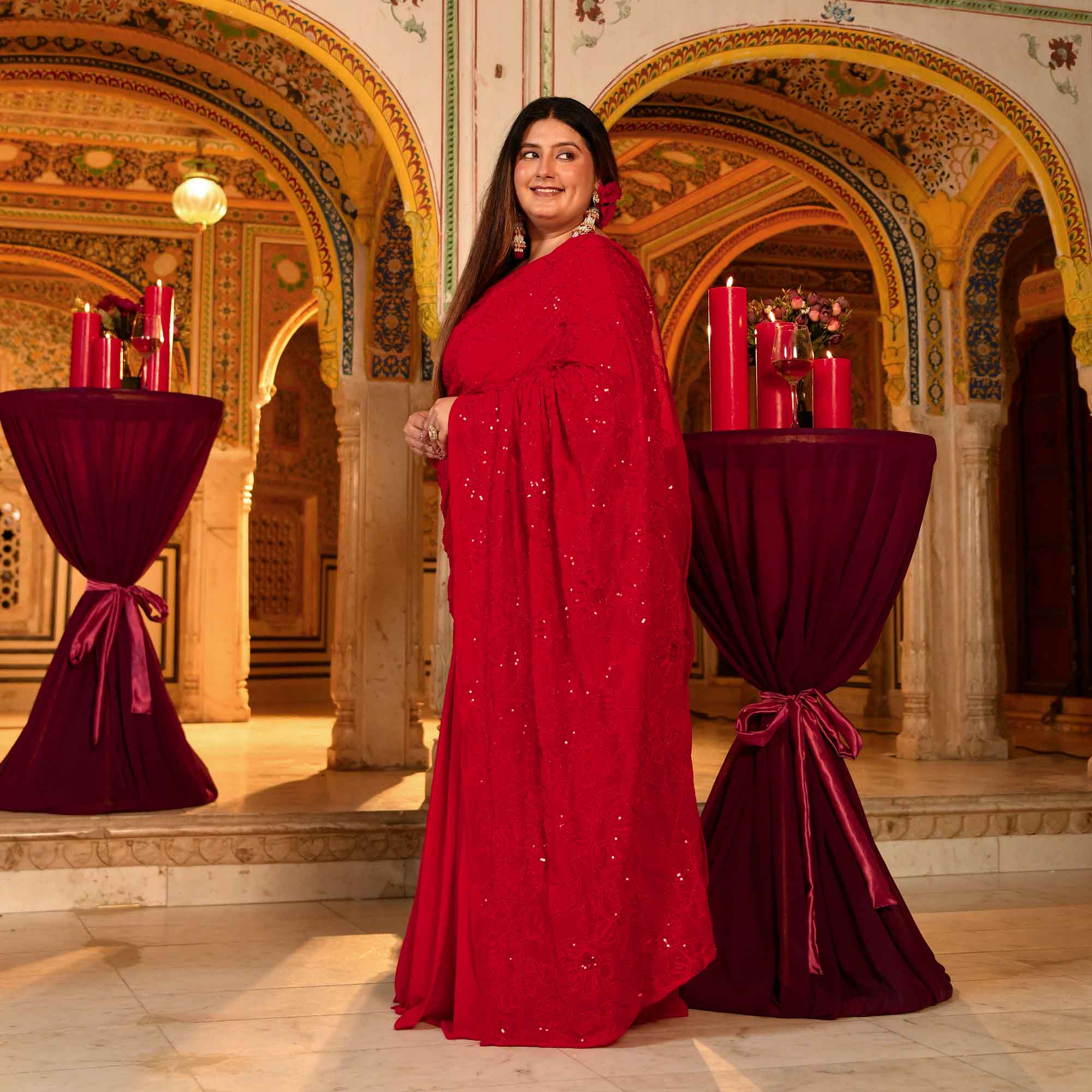 Darling- Red Georgette Cutdana Embroidered Drape Saree Set