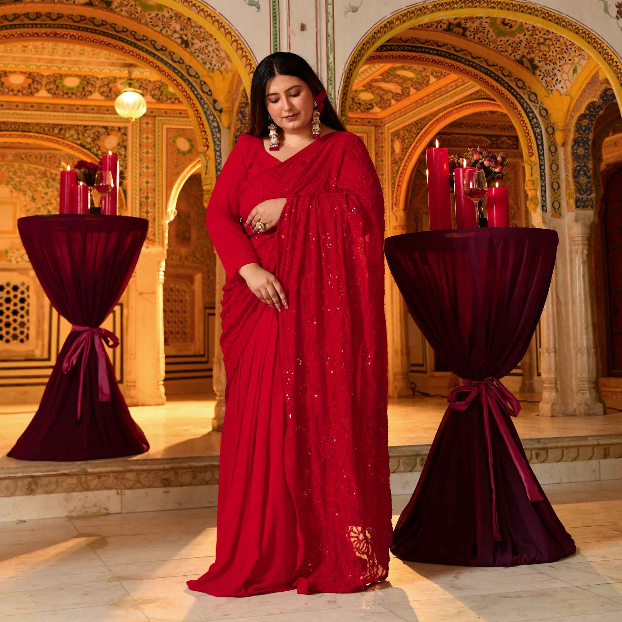 Darling- Red Georgette Cutdana Embroidered Drape Saree Set