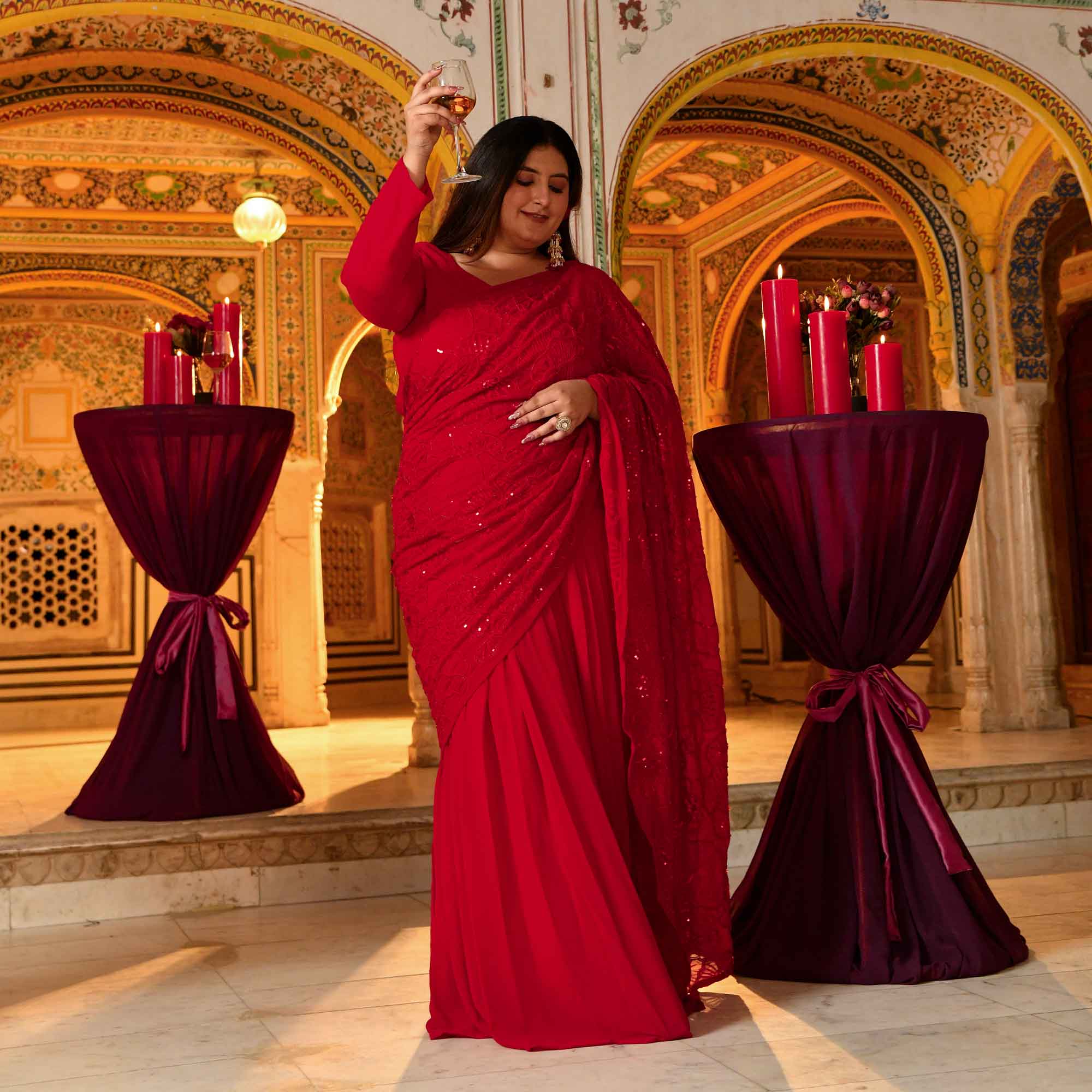 Darling- Red Georgette Cutdana Embroidered Drape Saree Set
