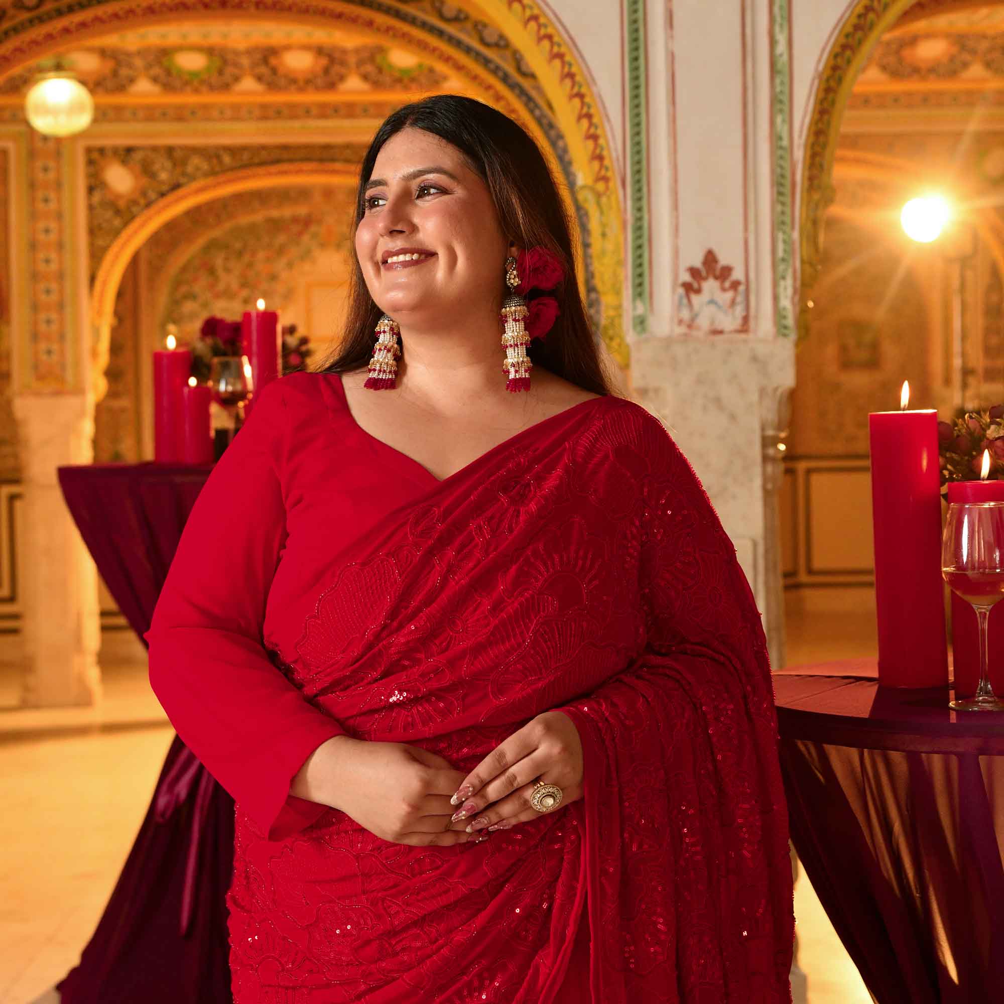 Darling- Red Georgette Cutdana Embroidered Drape Saree Set