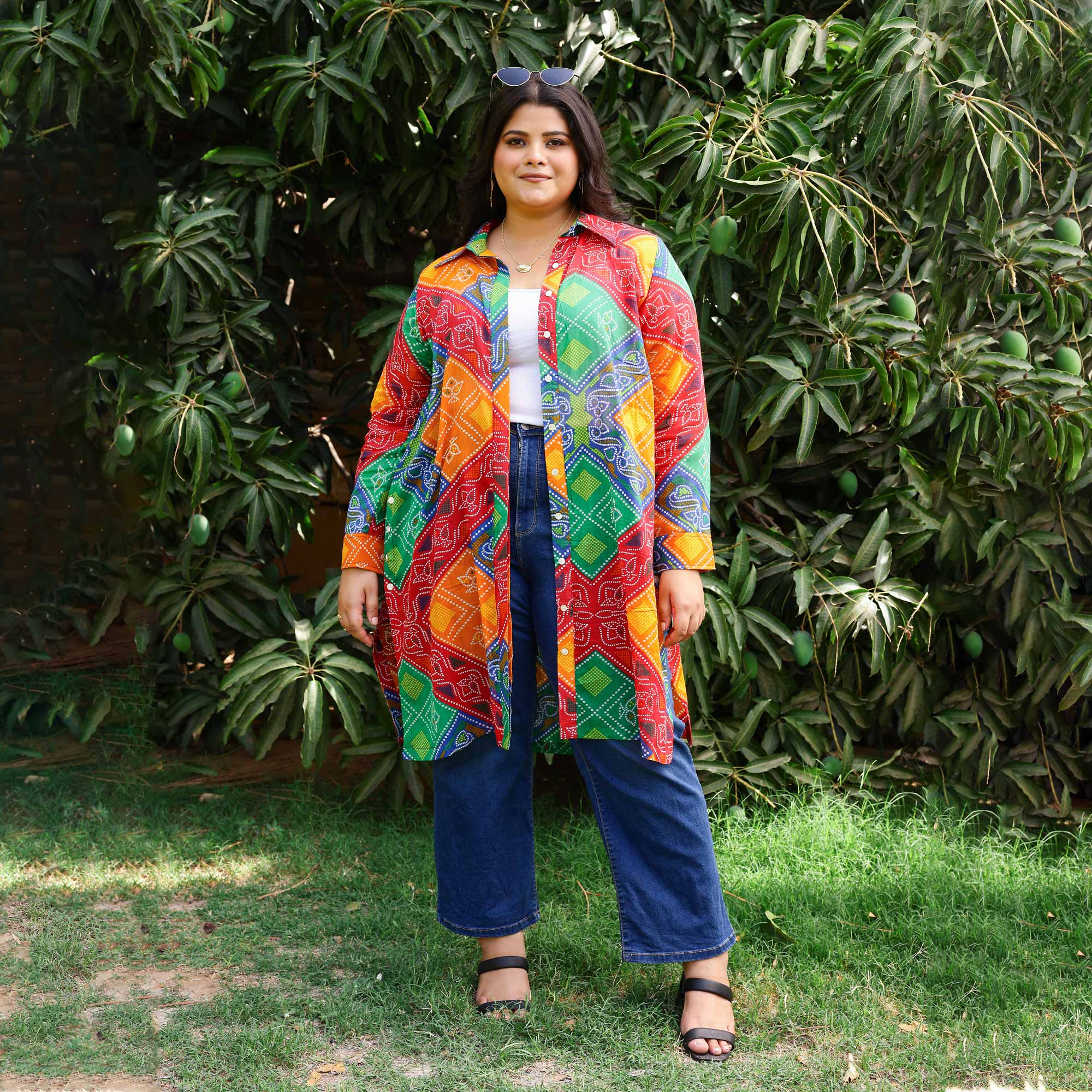Blissful Bandhani Asymmetrical Button - down Shirt