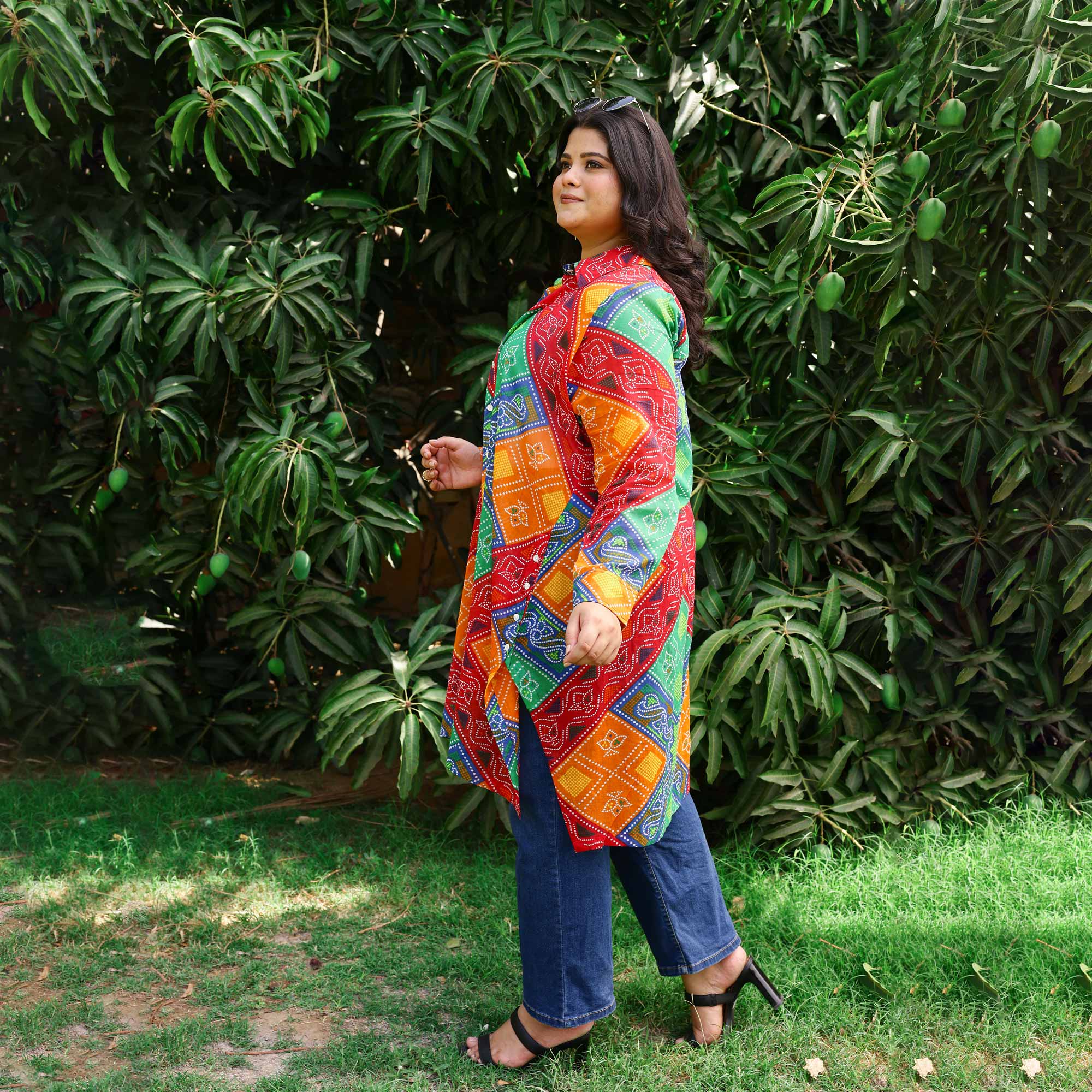 Blissful Bandhani Asymmetrical Button - down Shirt