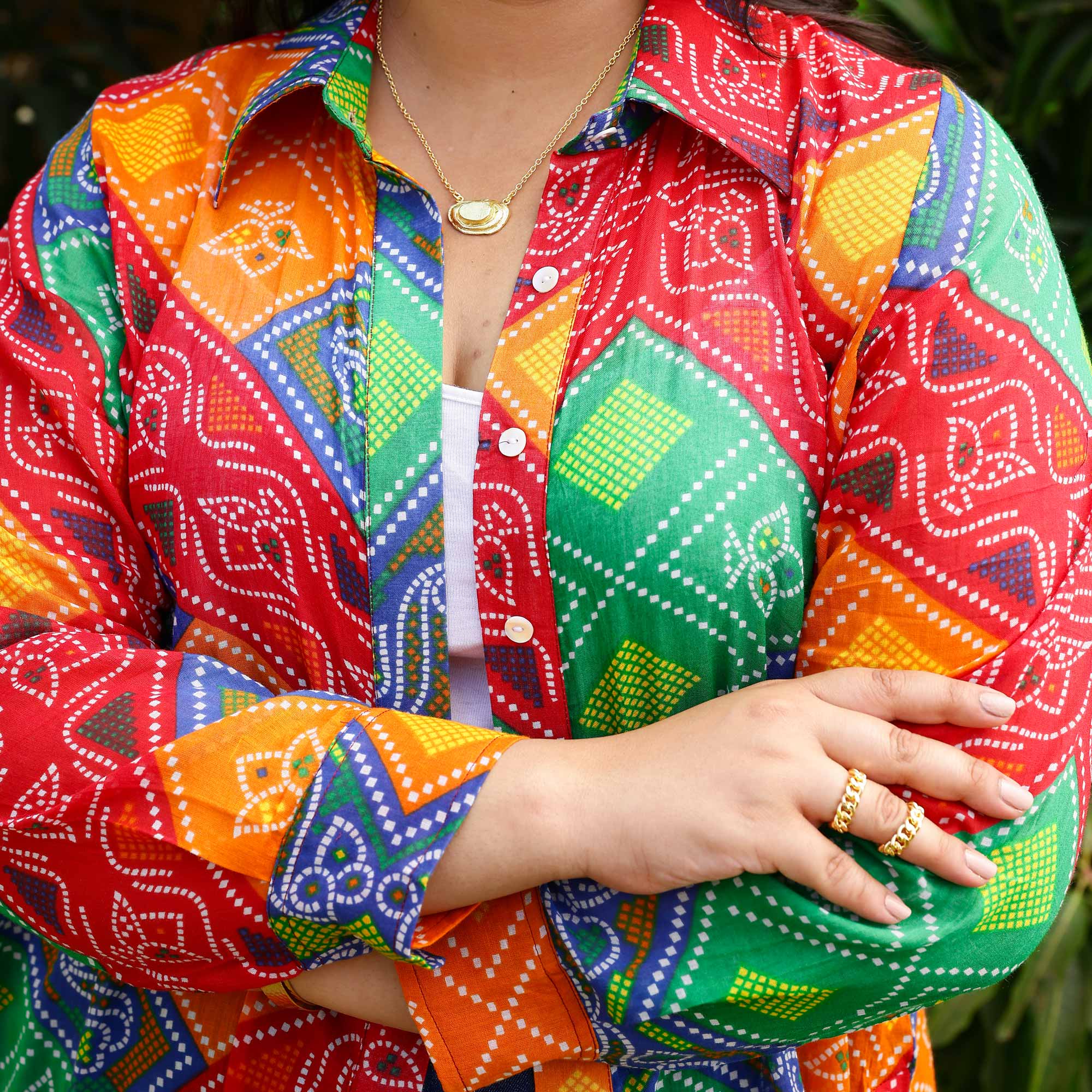 Blissful Bandhani Asymmetrical Button - down Shirt