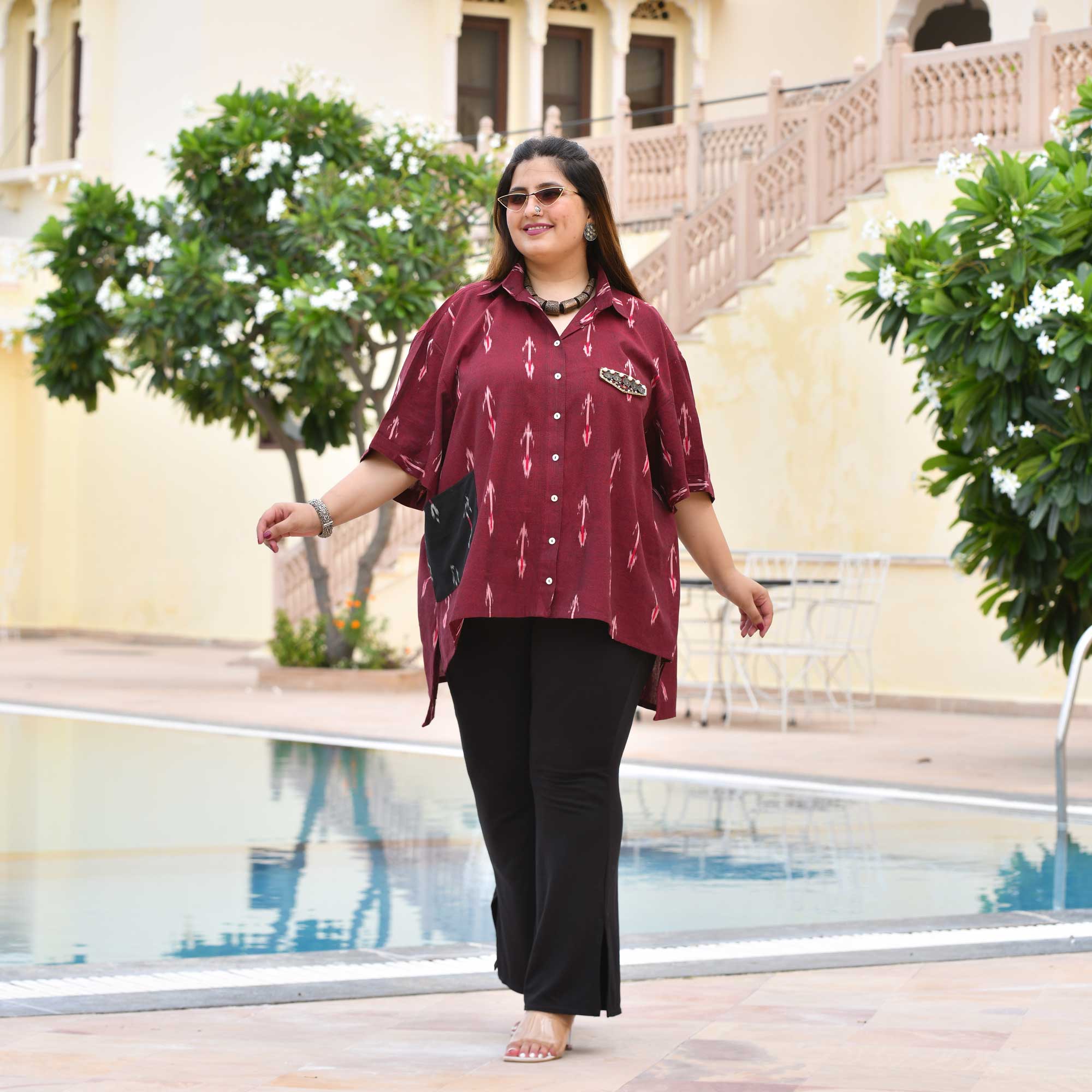 Modern Laila Handwoven Ikkat Embroidered Shirt (Maroon)