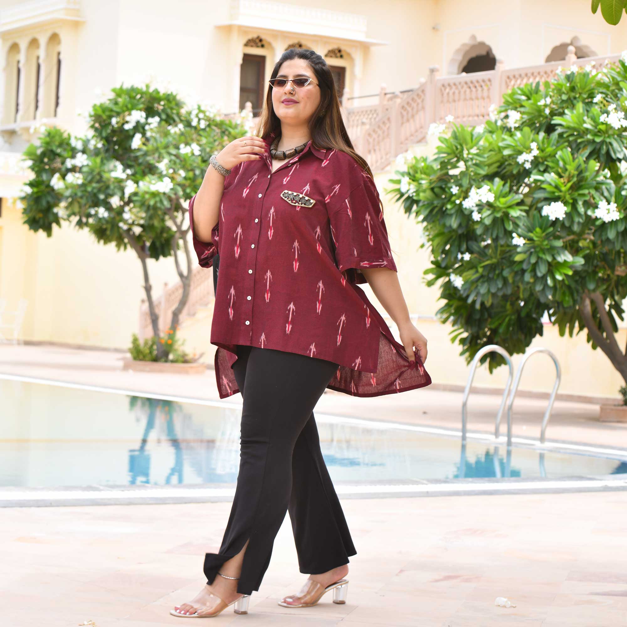 Modern Laila Handwoven Ikkat Embroidered Shirt (Maroon)