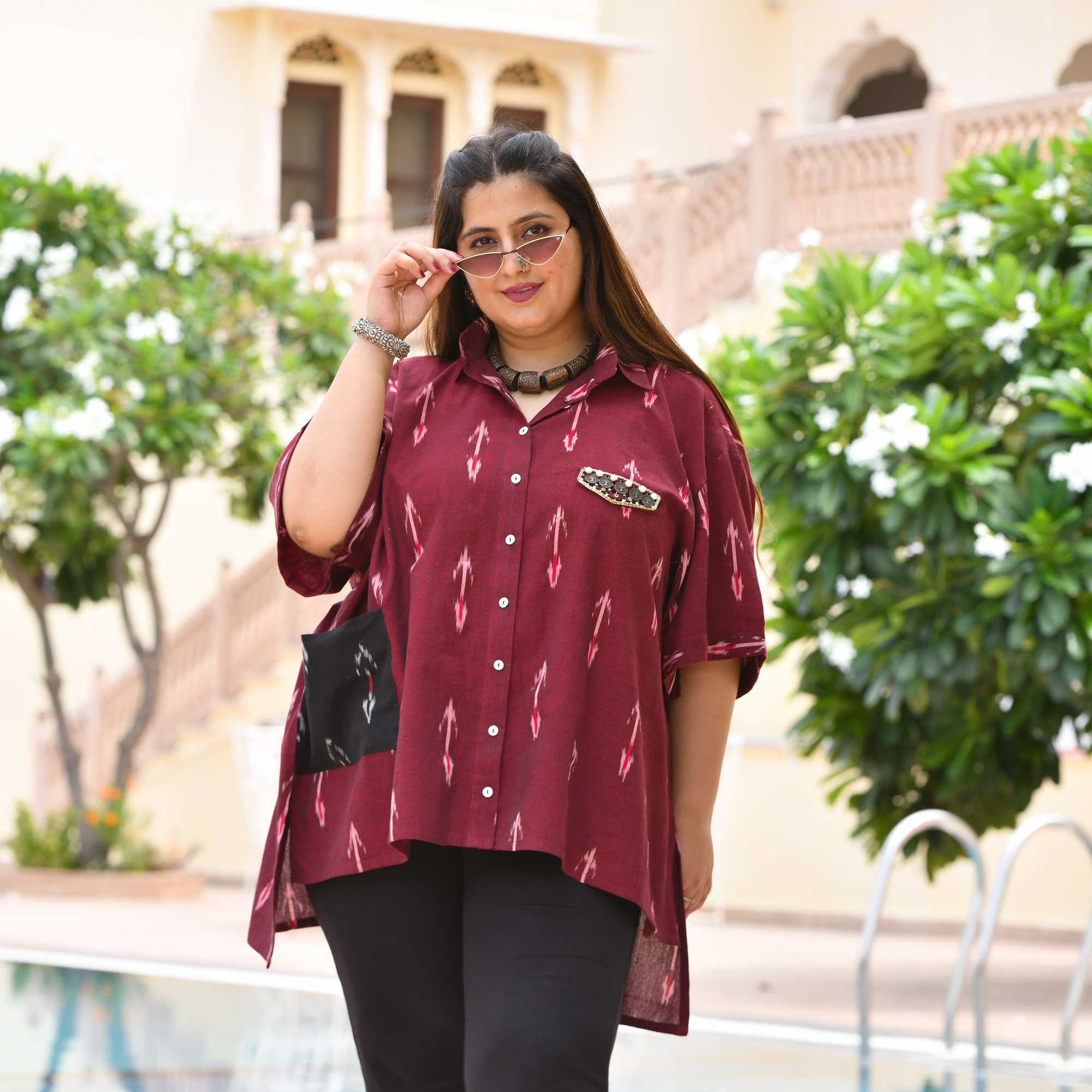 Modern Laila Handwoven Ikkat Embroidered Shirt (Maroon)