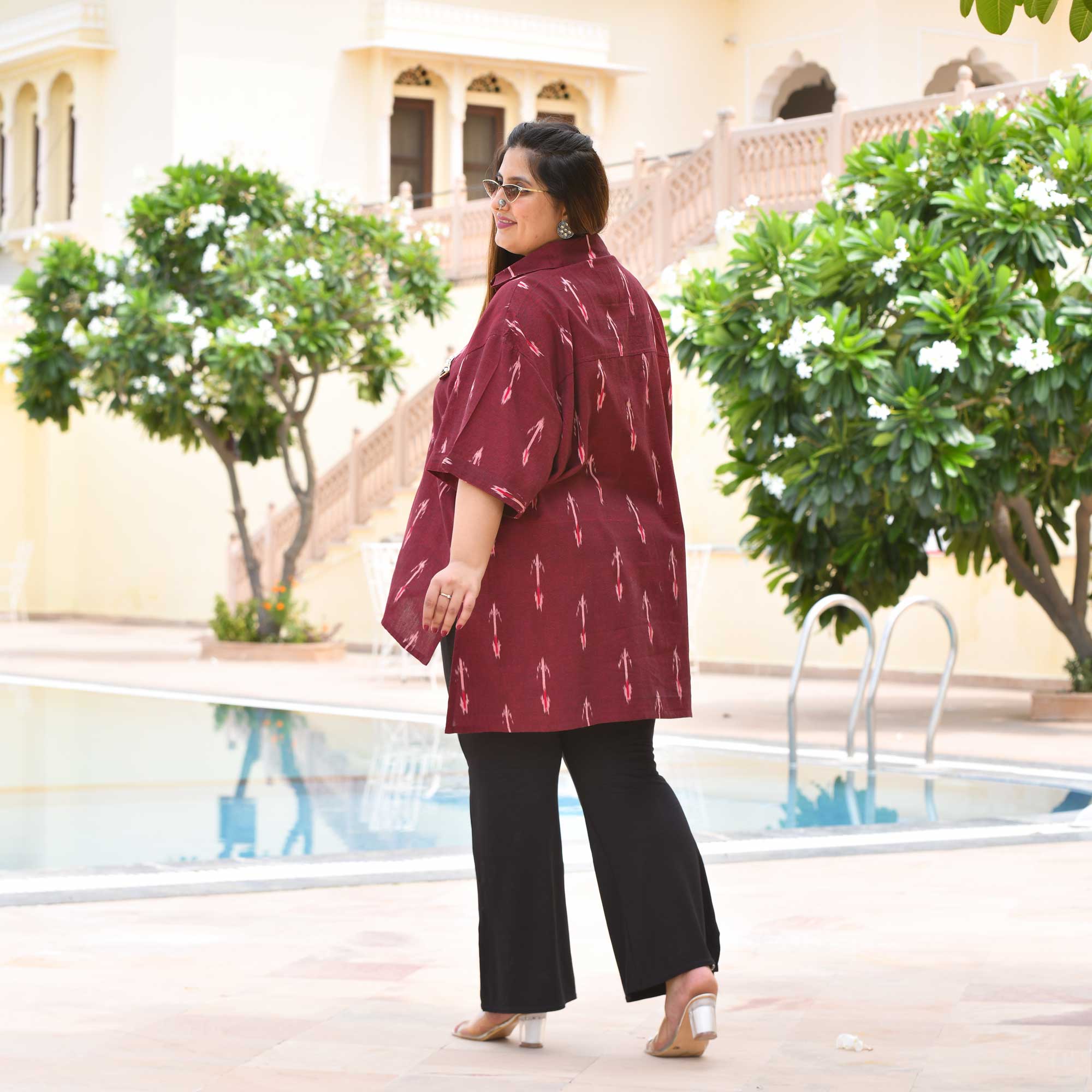 Modern Laila Handwoven Ikkat Embroidered Shirt (Maroon)