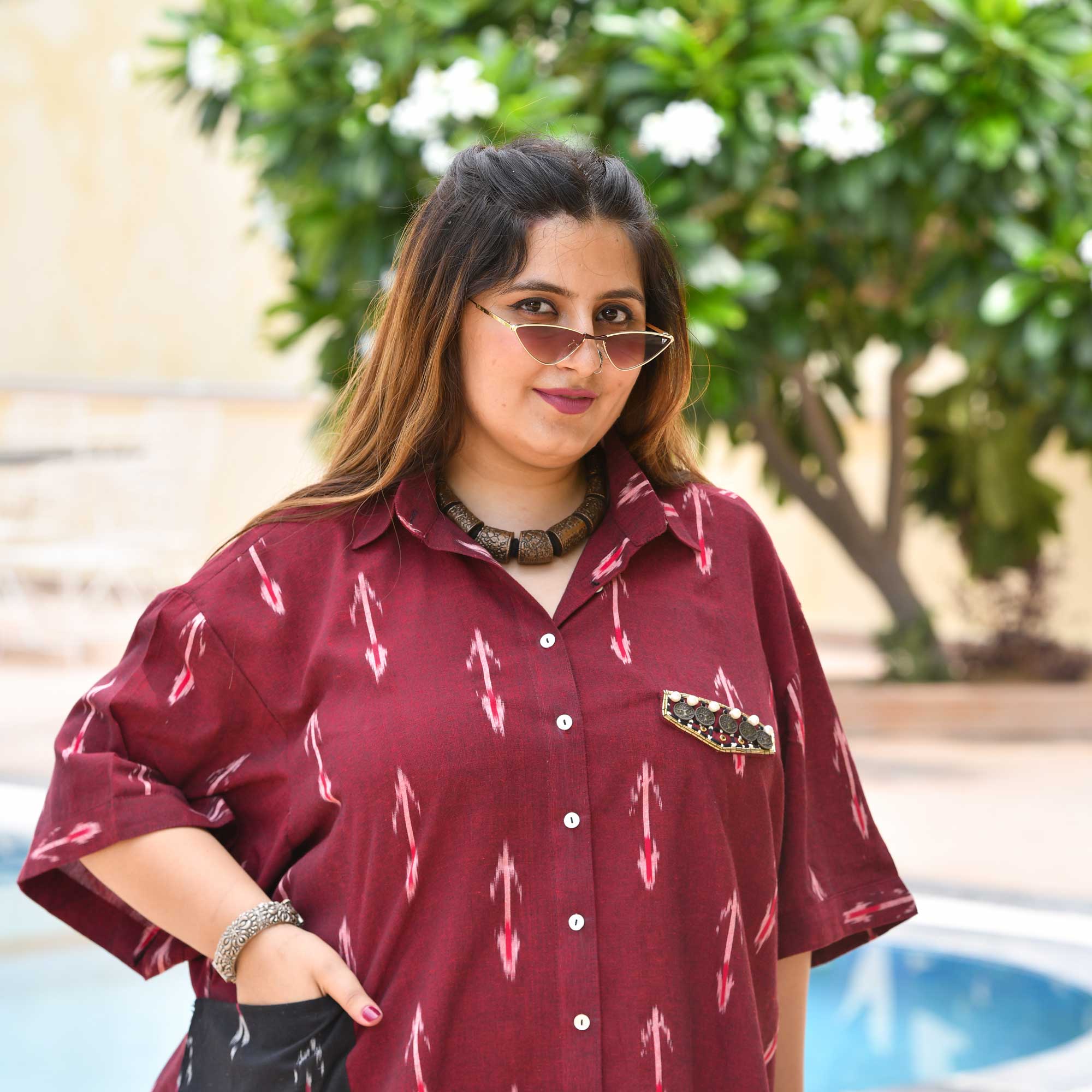 Modern Laila Handwoven Ikkat Embroidered Shirt (Maroon)