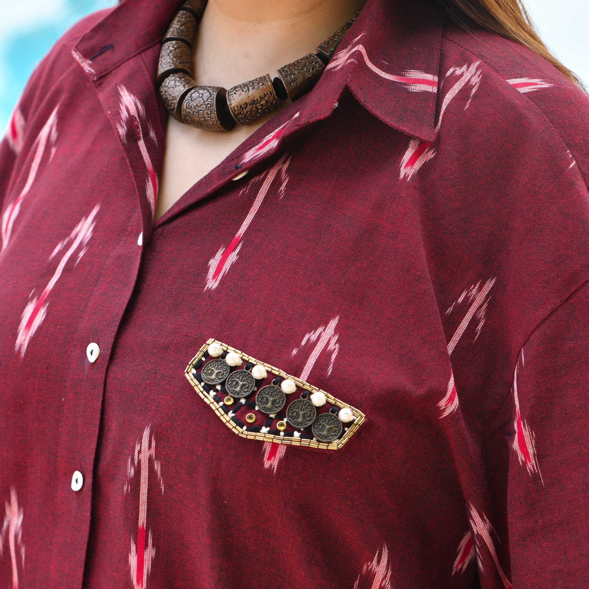 Modern Laila Handwoven Ikkat Embroidered Shirt (Maroon)