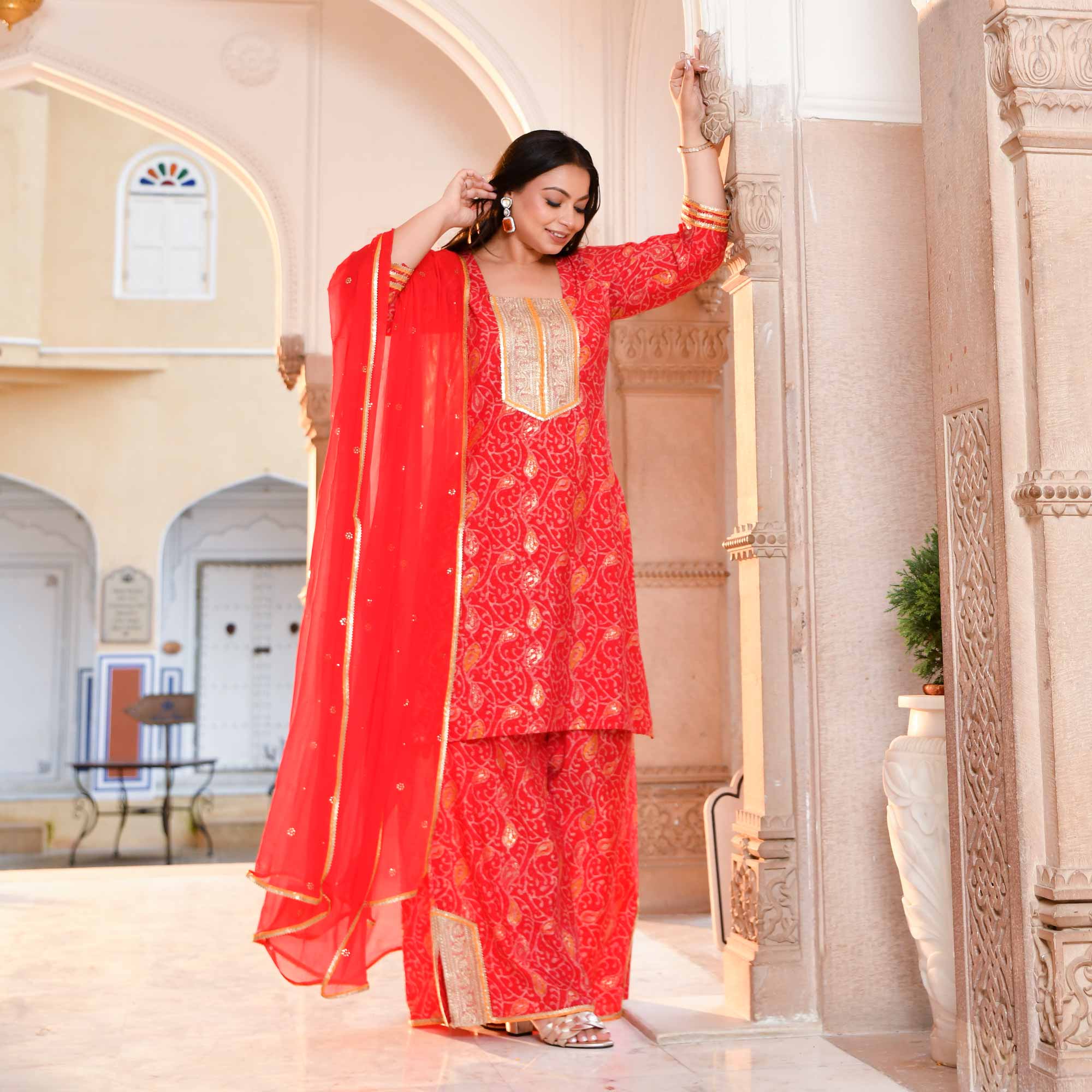 Sufiyana Red Gold Print Rayon Suit Set