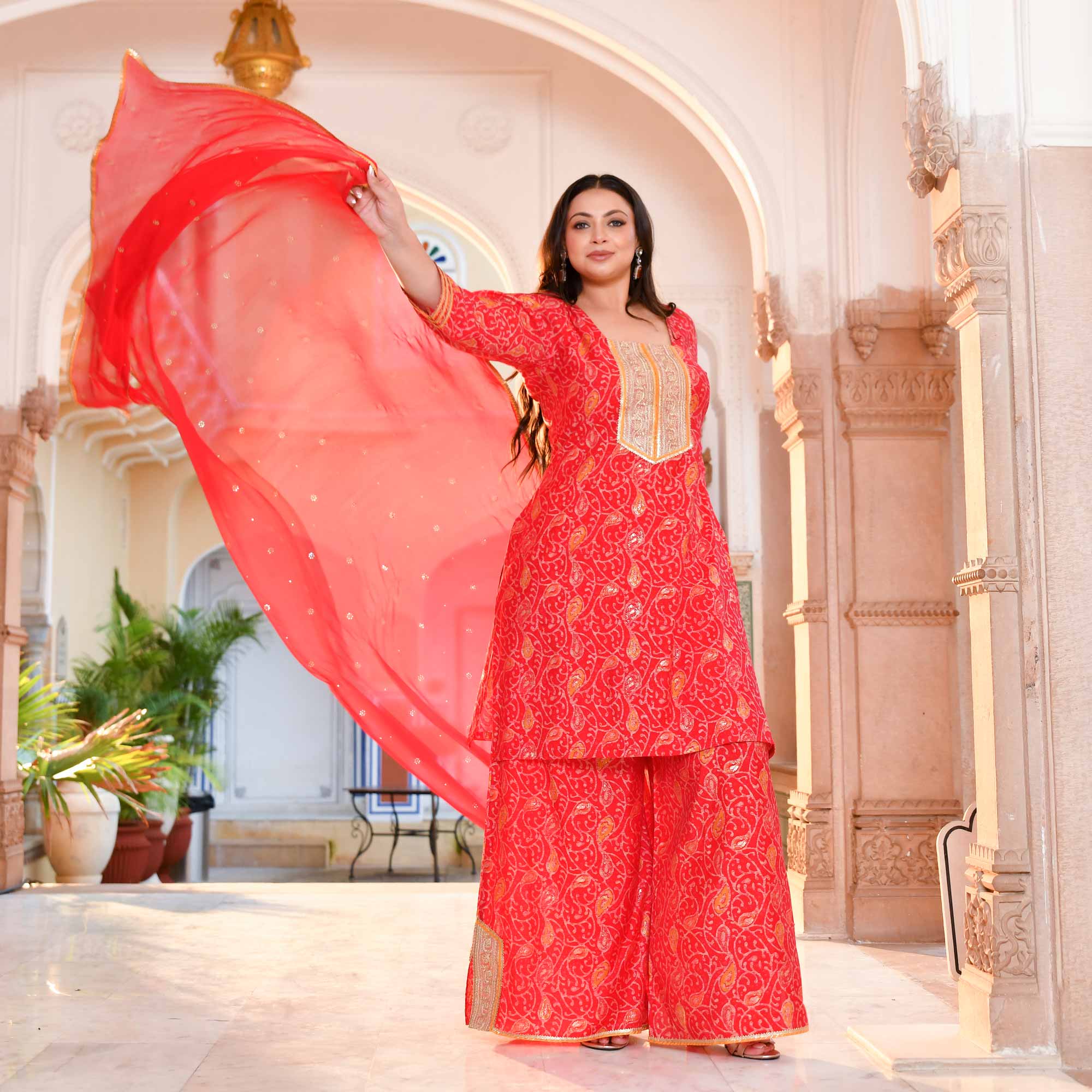 Sufiyana Red Gold Print Rayon Suit Set