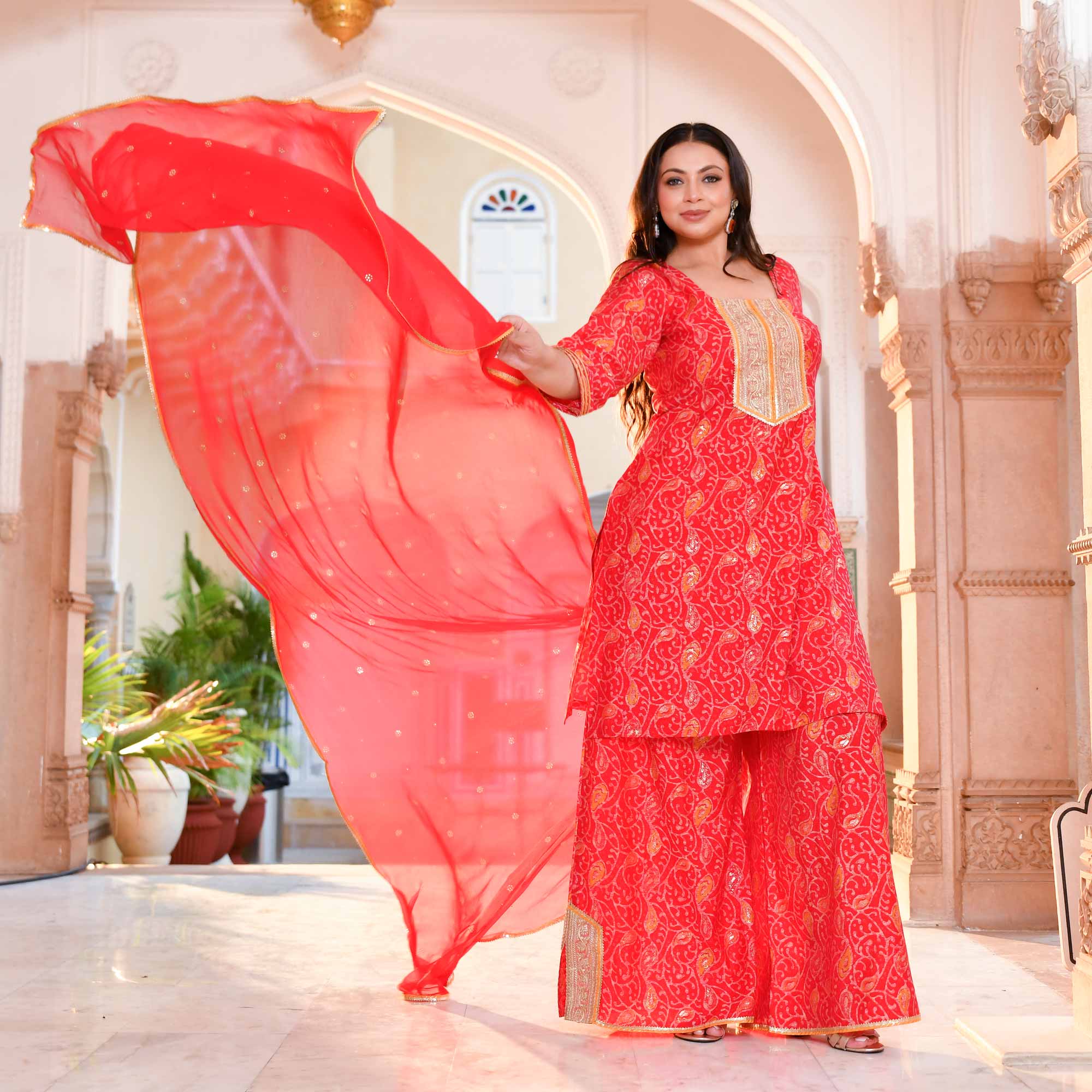 Sufiyana Red Gold Print Rayon Suit Set