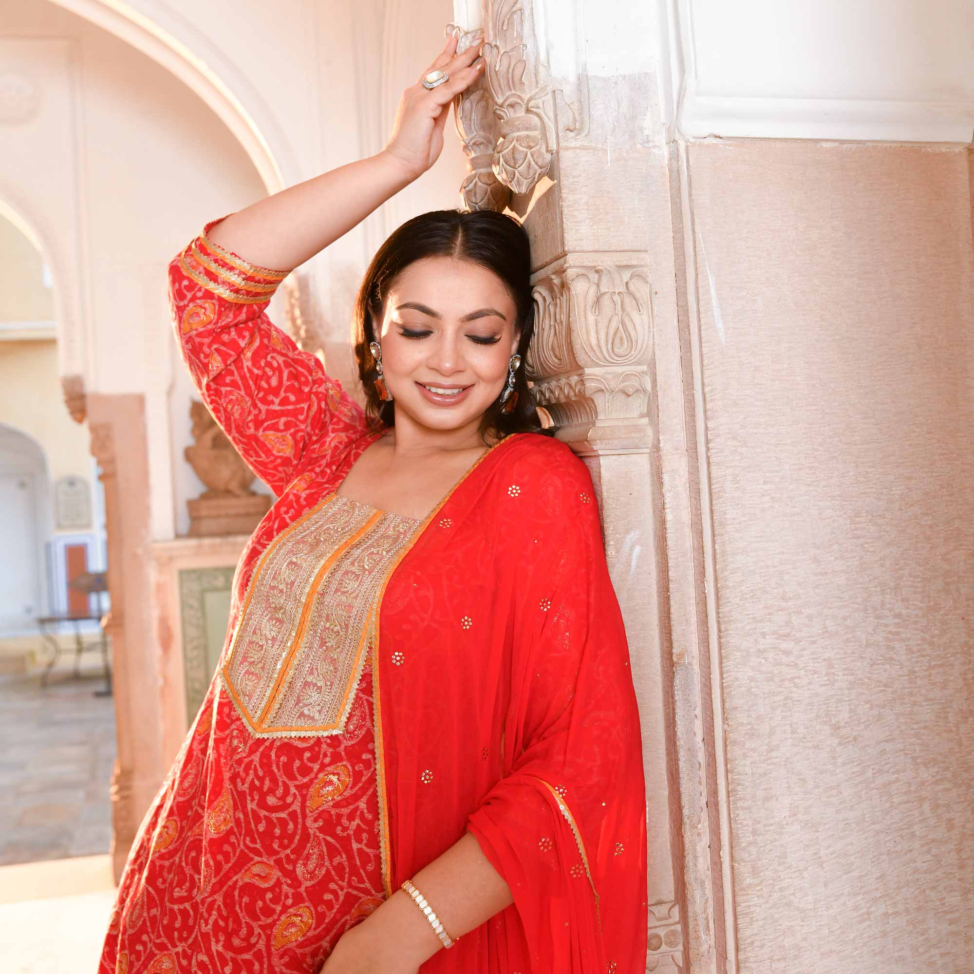 Sufiyana Red Gold Print Rayon Suit Set