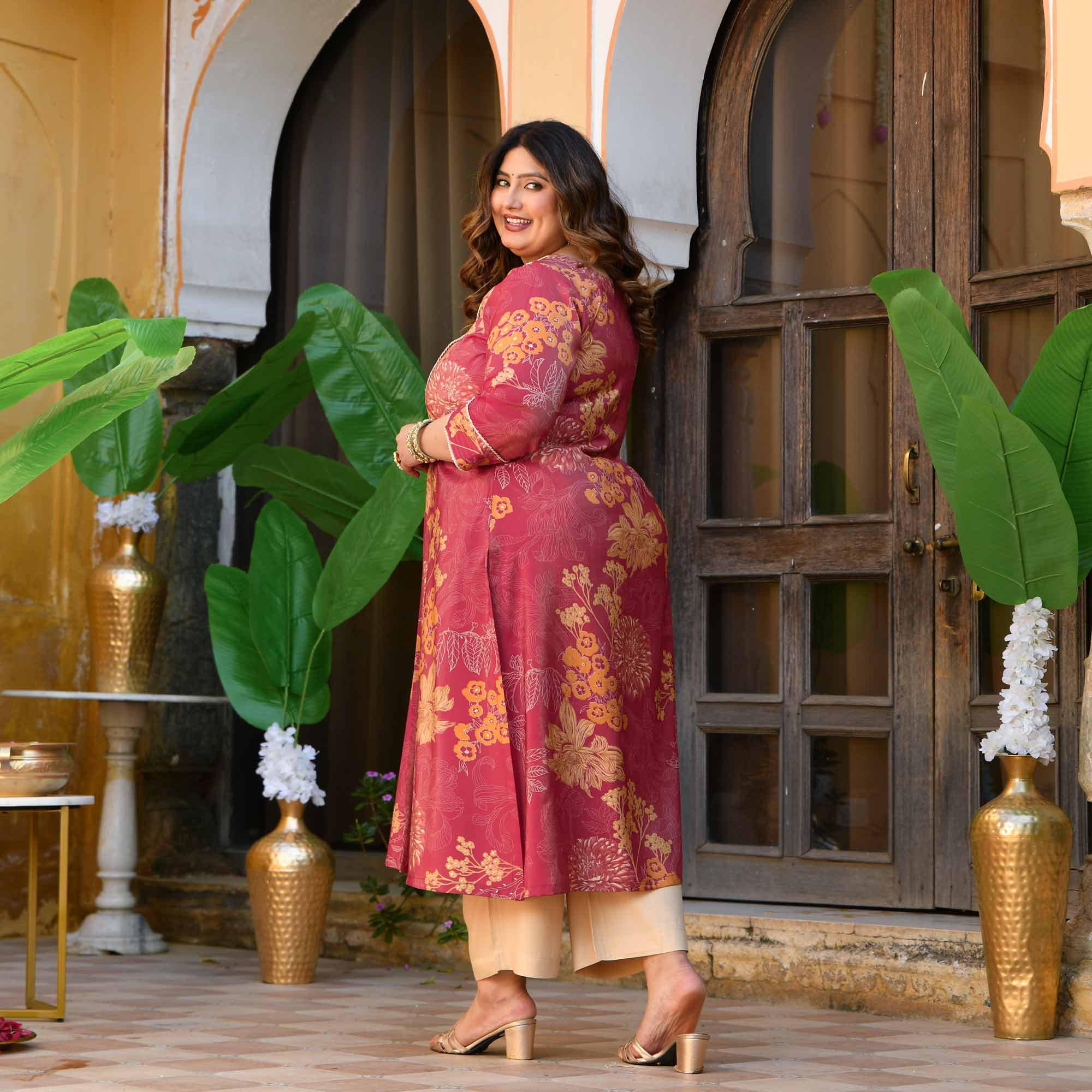 Sweet Lassi- Red Floral Viscose Tissue A-line Pleated Kurta