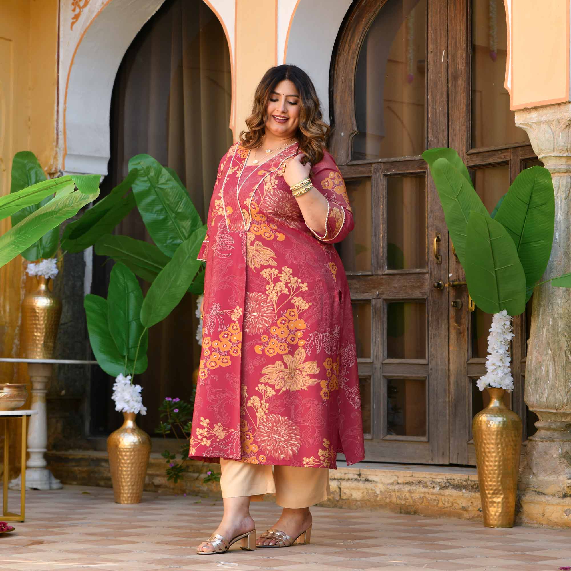 Sweet Lassi- Red Floral Viscose Tissue A-line Pleated Kurta
