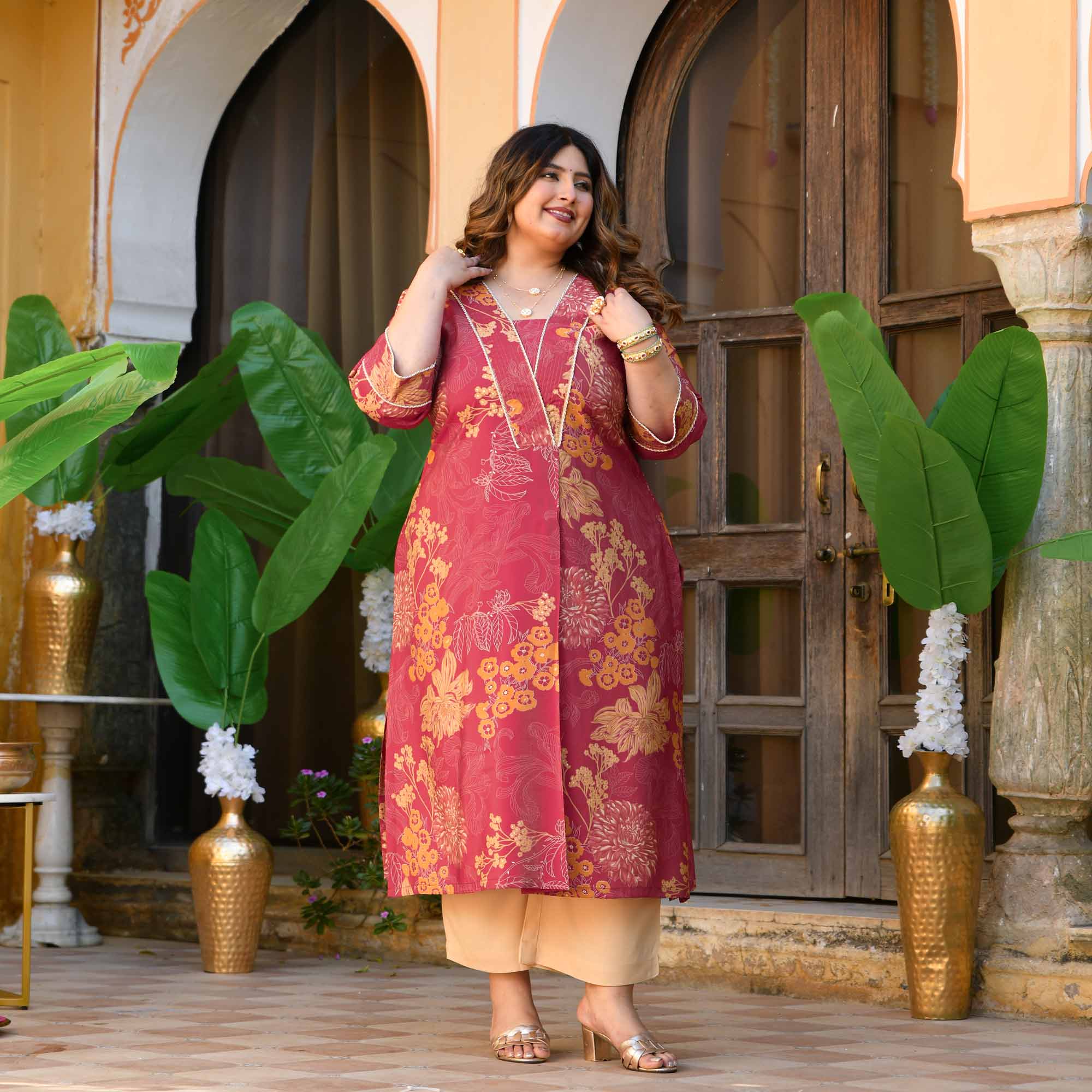 Sweet Lassi- Red Floral Viscose Tissue A-line Pleated Kurta