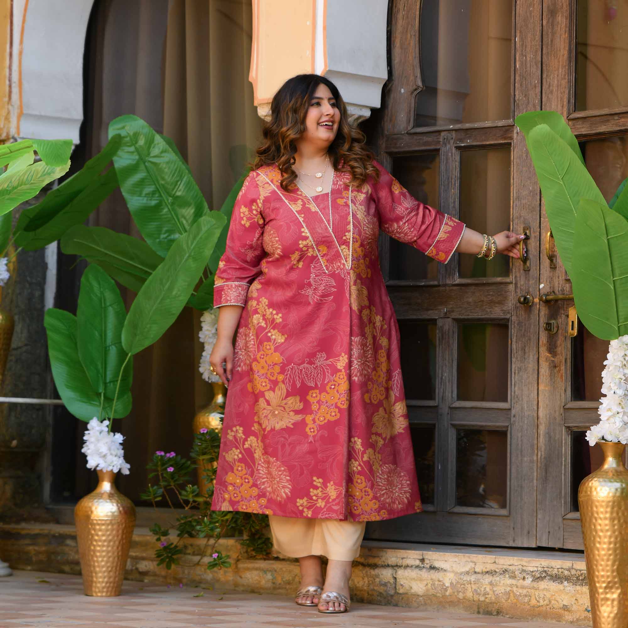 Sweet Lassi- Red Floral Viscose Tissue A-line Pleated Kurta