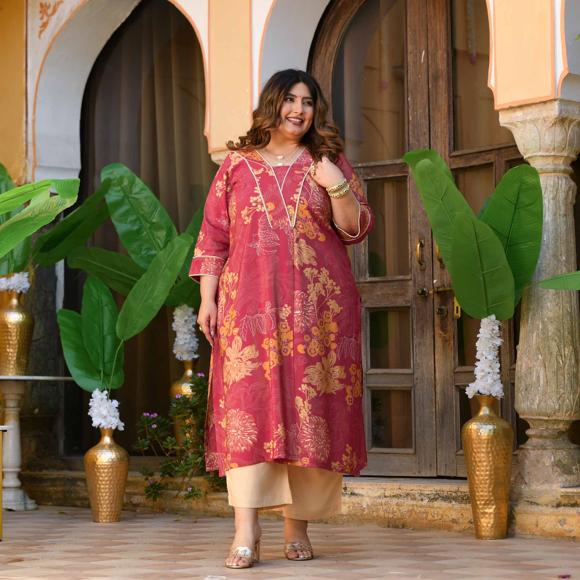 Sweet Lassi- Red Floral Viscose Tissue A-line Pleated Kurta