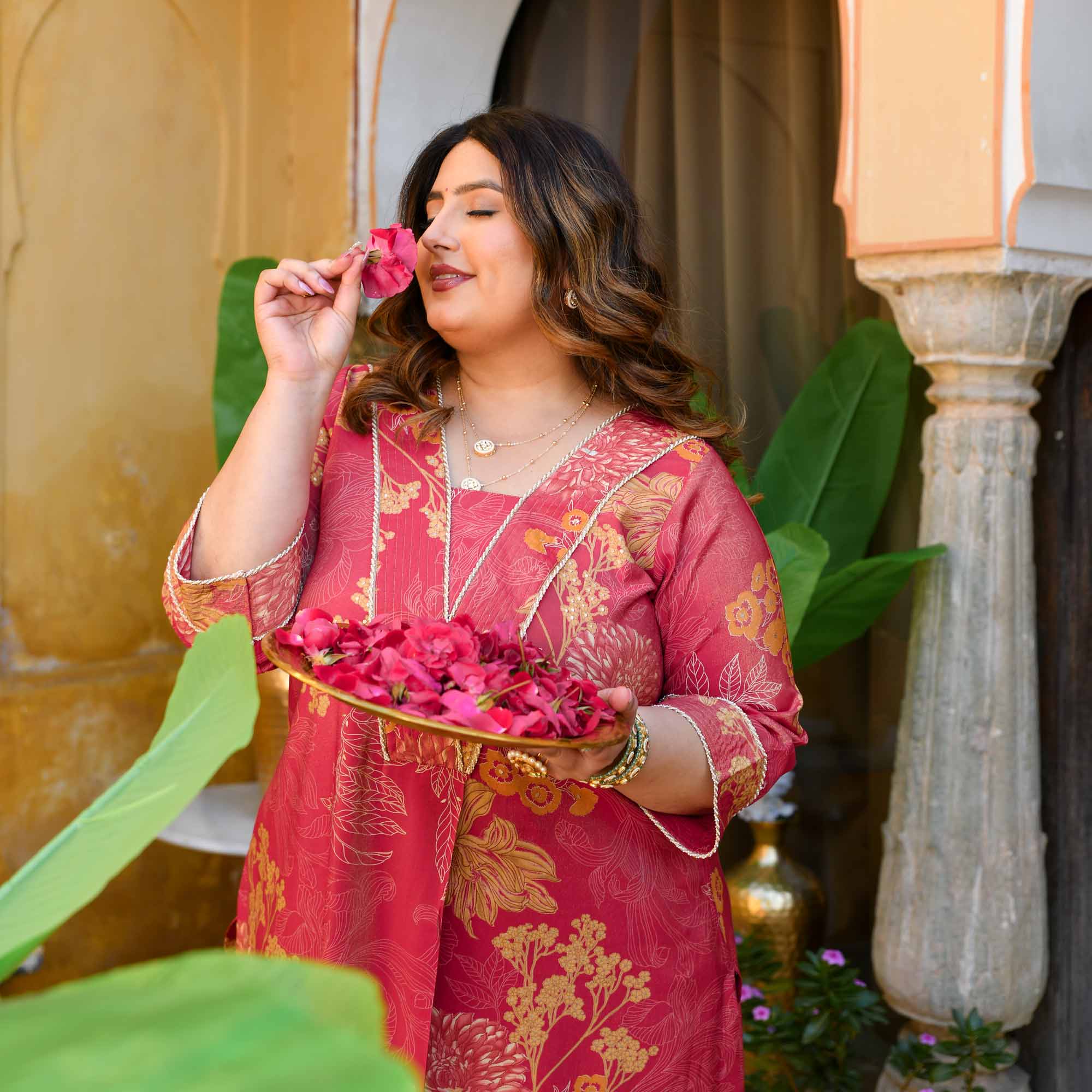 Sweet Lassi- Red Floral Viscose Tissue A-line Pleated Kurta