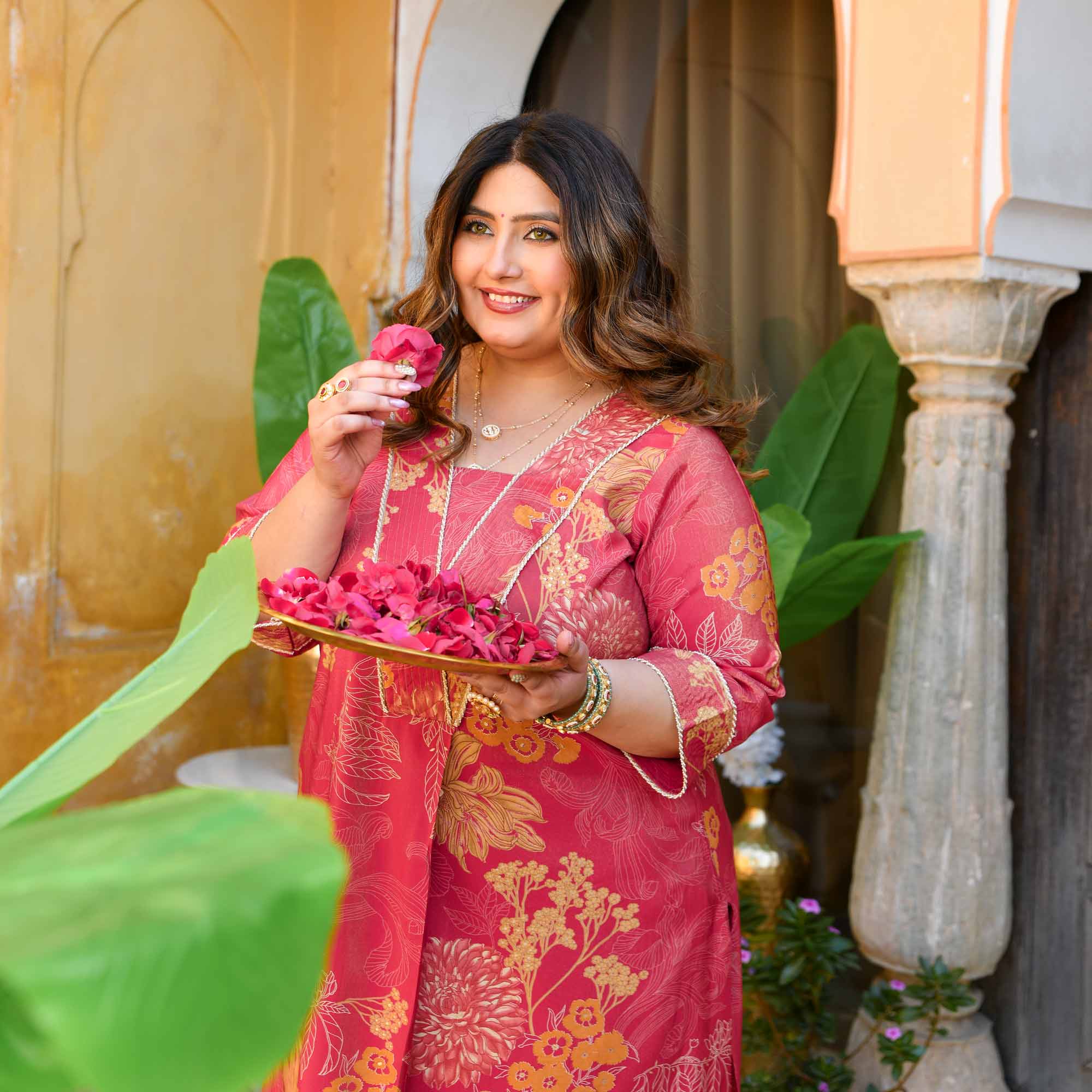 Sweet Lassi- Red Floral Viscose Tissue A-line Pleated Kurta