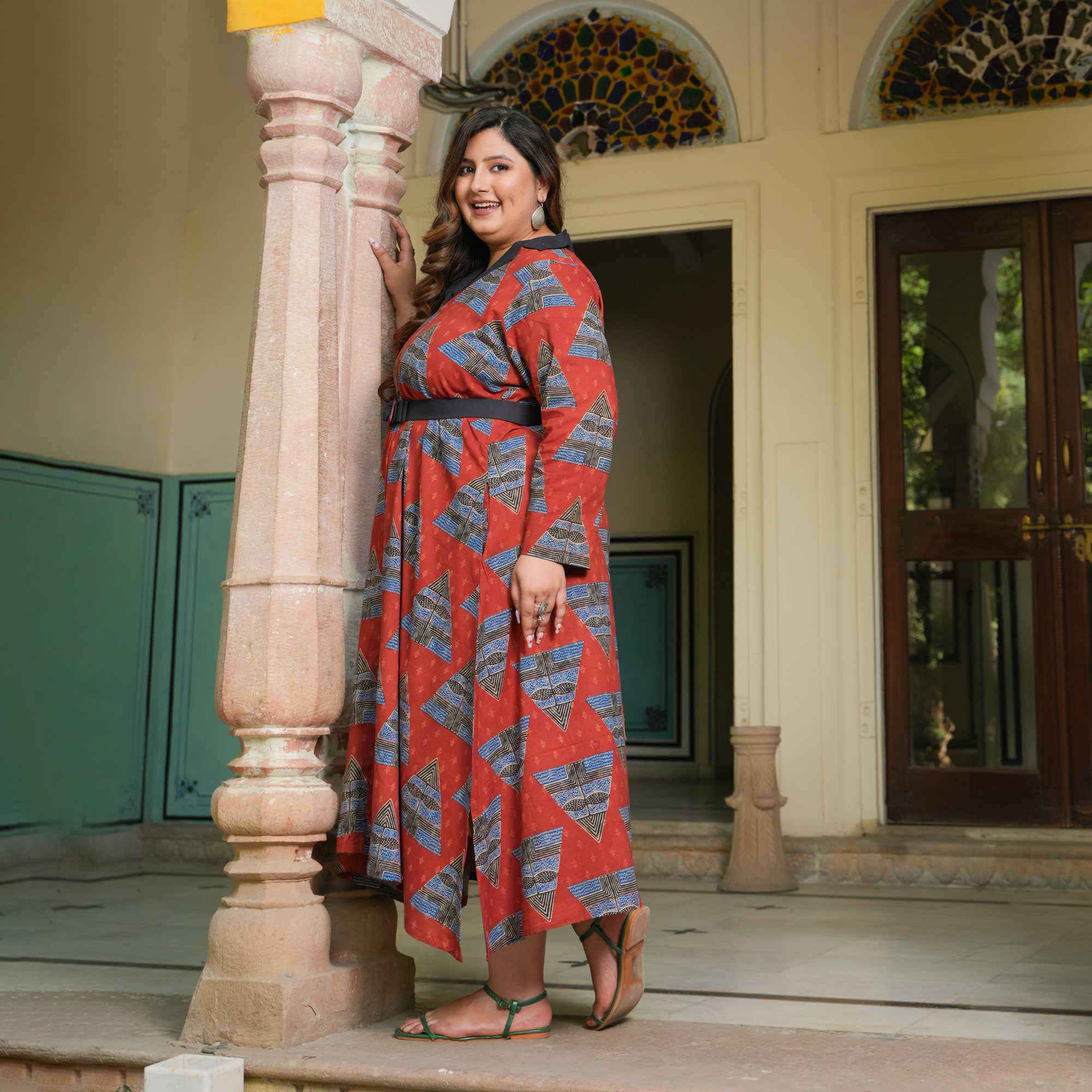 Rouge Triangle Tango Ajrakh Cotton Aline Dress
