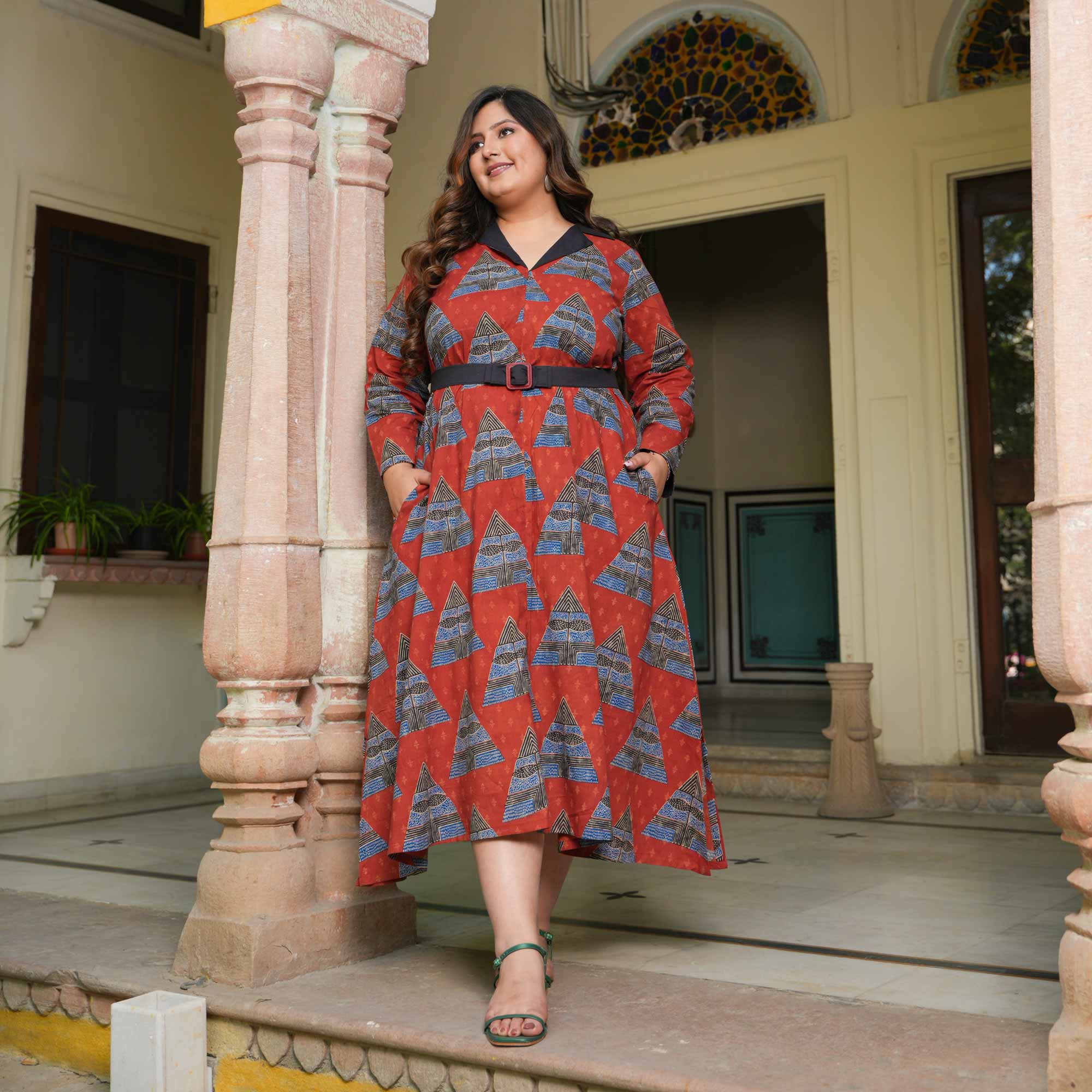 Rouge Triangle Tango Ajrakh Cotton Aline Dress