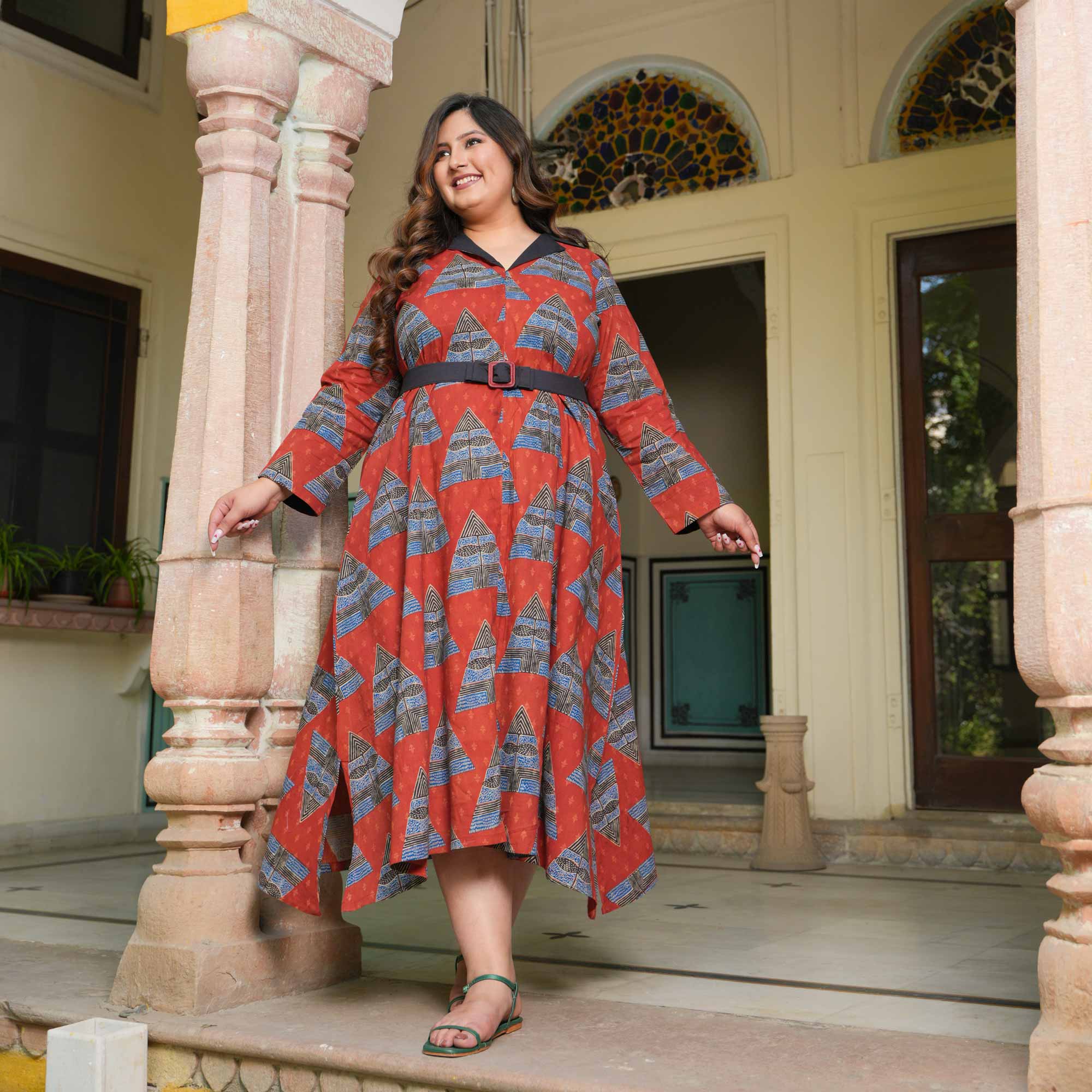 Rouge Triangle Tango Ajrakh Cotton Aline Dress
