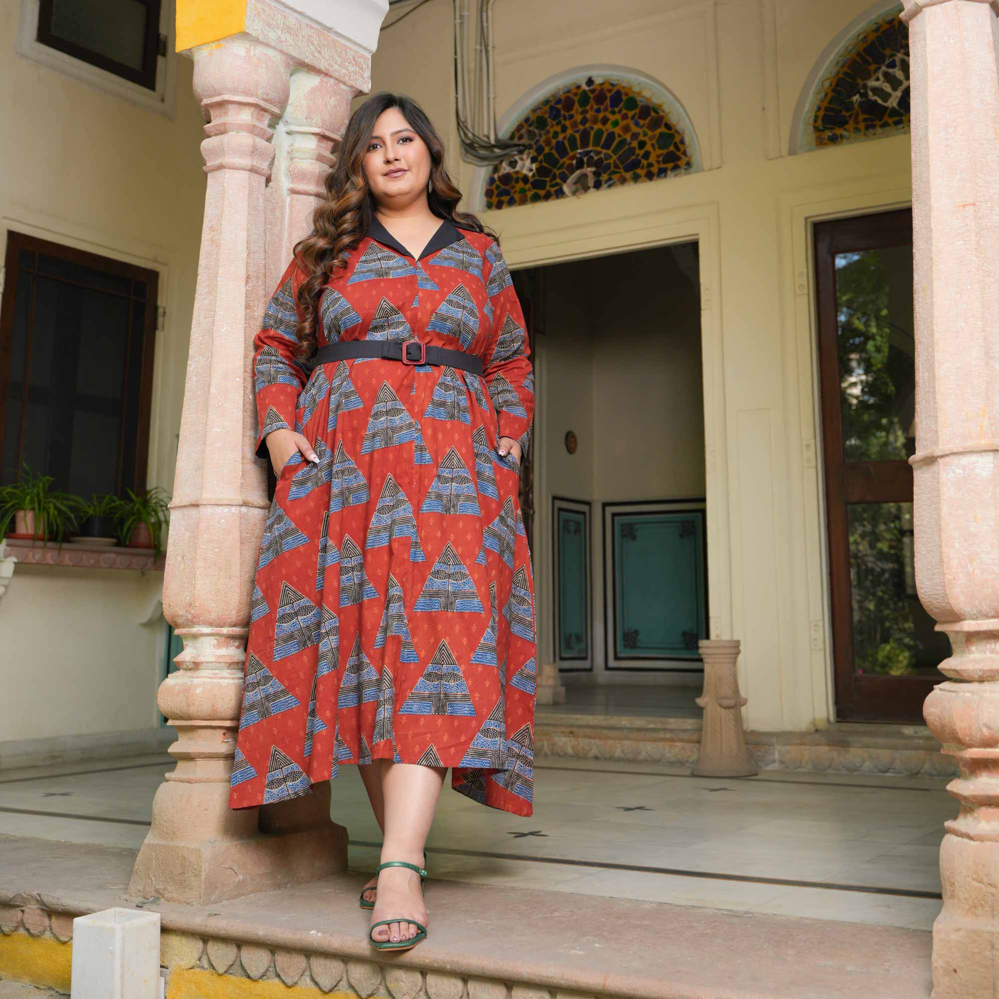 Rouge Triangle Tango Ajrakh Cotton Aline Dress