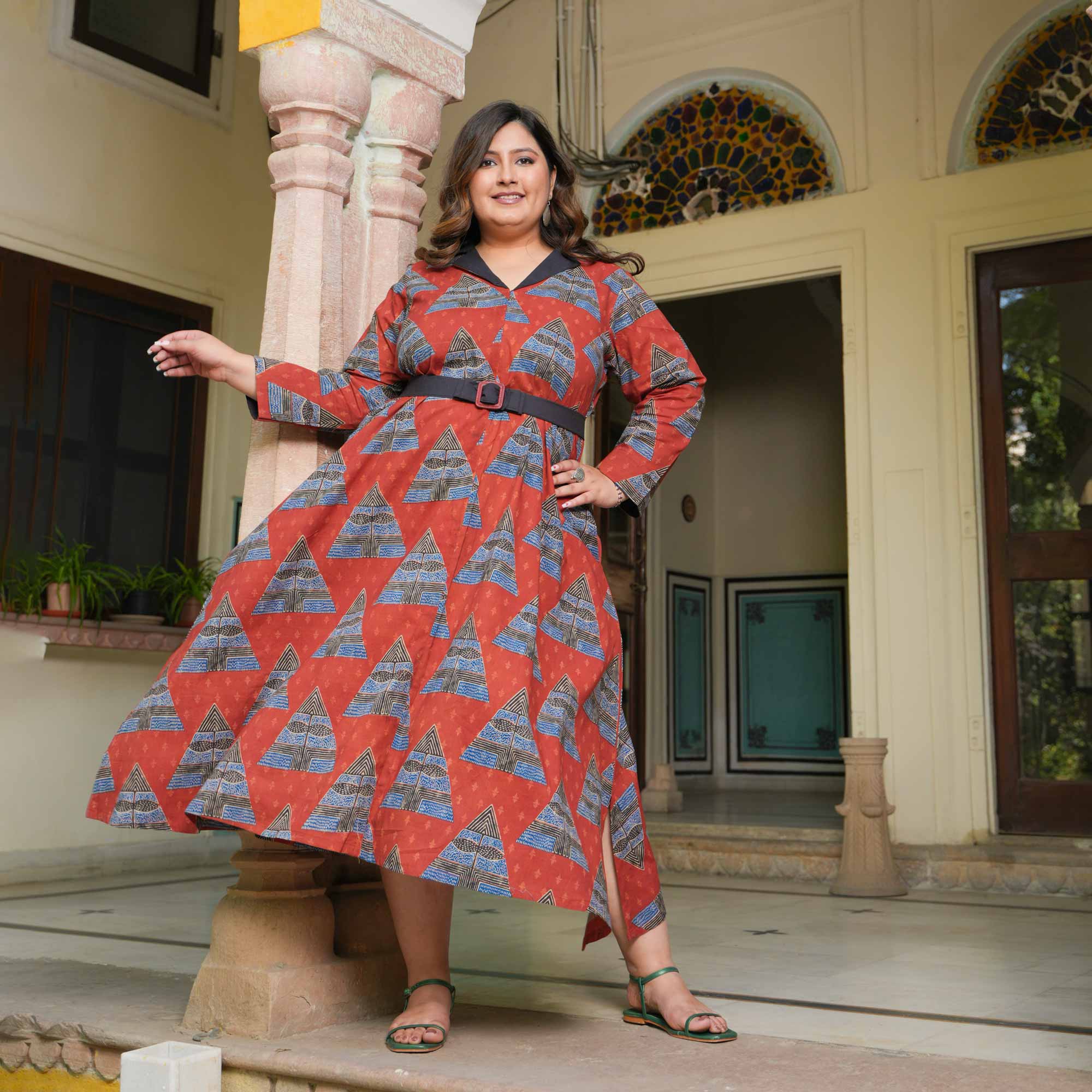 Rouge Triangle Tango Ajrakh Cotton Aline Dress