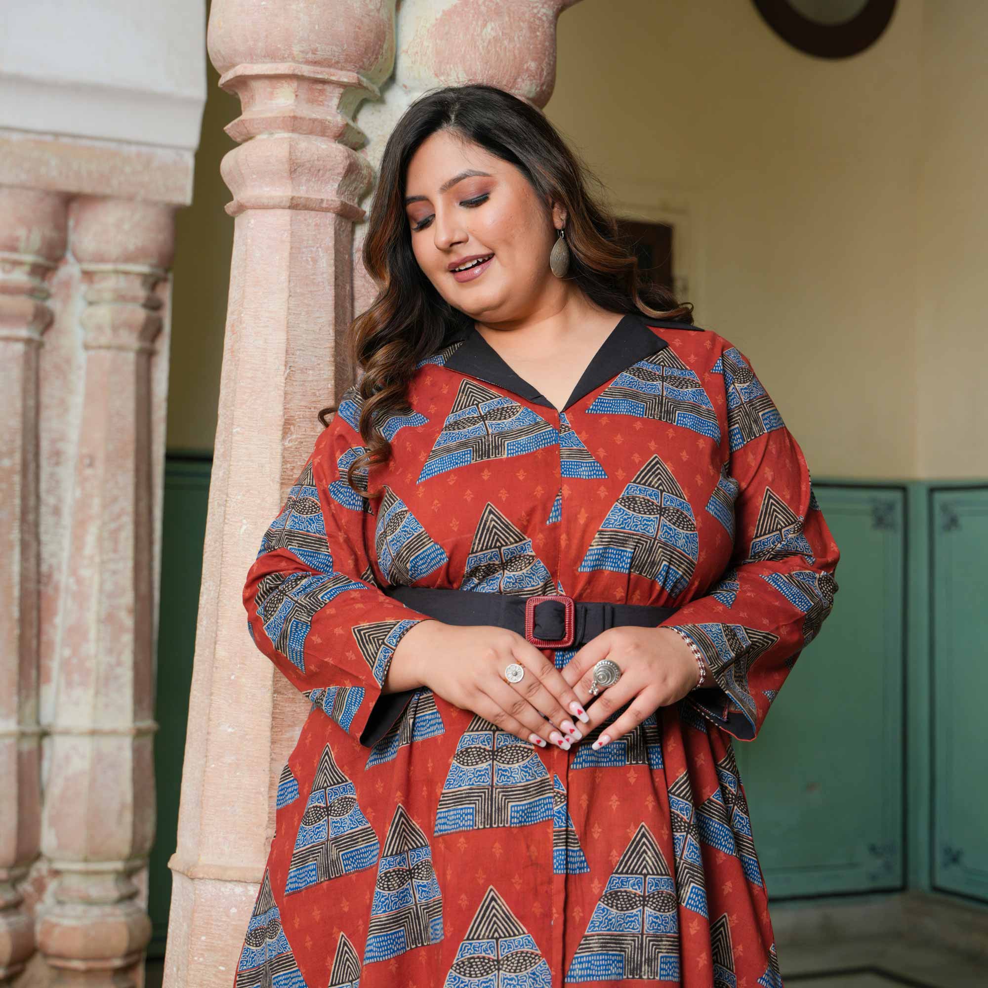 Rouge Triangle Tango Ajrakh Cotton Aline Dress