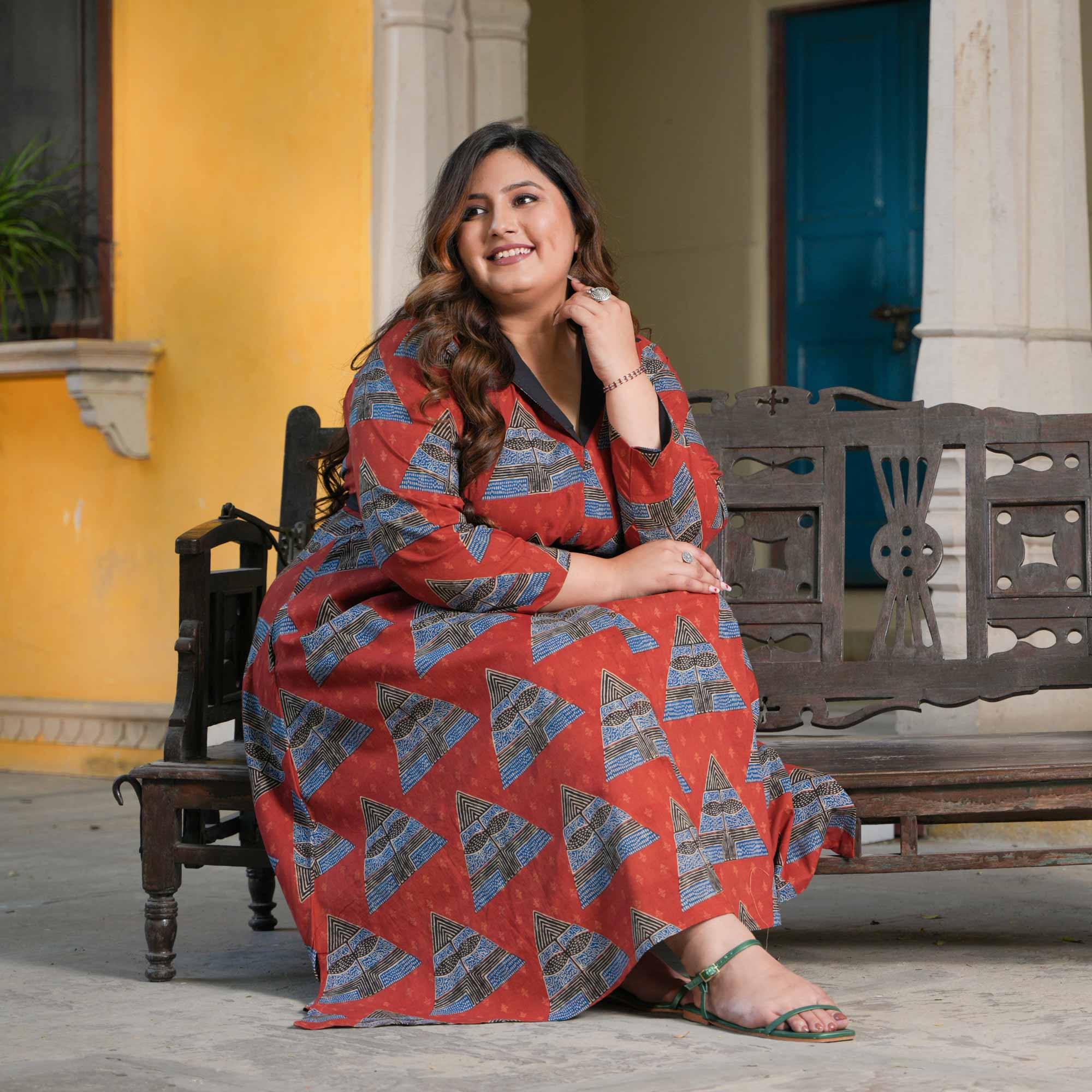 Rouge Triangle Tango Ajrakh Cotton Aline Dress