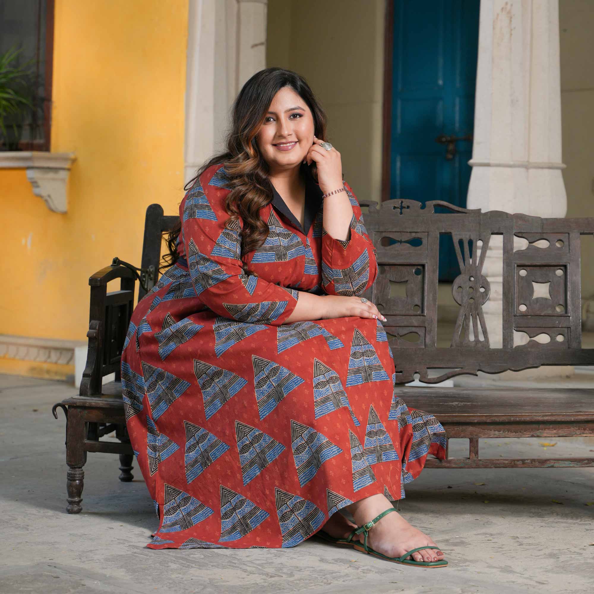 Rouge Triangle Tango Ajrakh Cotton Aline Dress