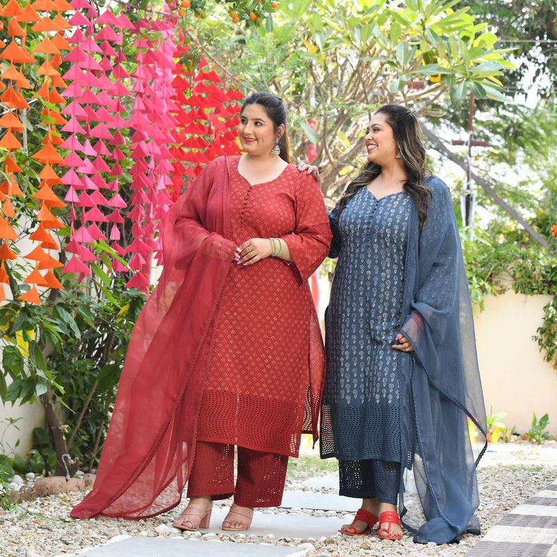 Chand Ka Tukda Handblock Printed Chikankari Suit Set