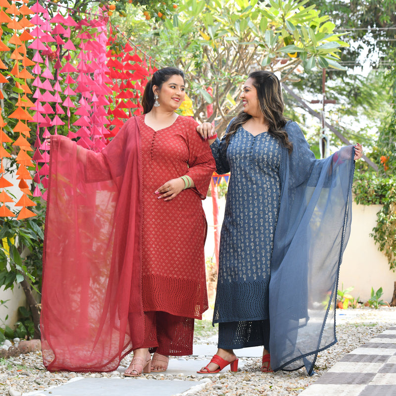 Chand Ka Tukda Handblock Printed Chikankari Suit Set