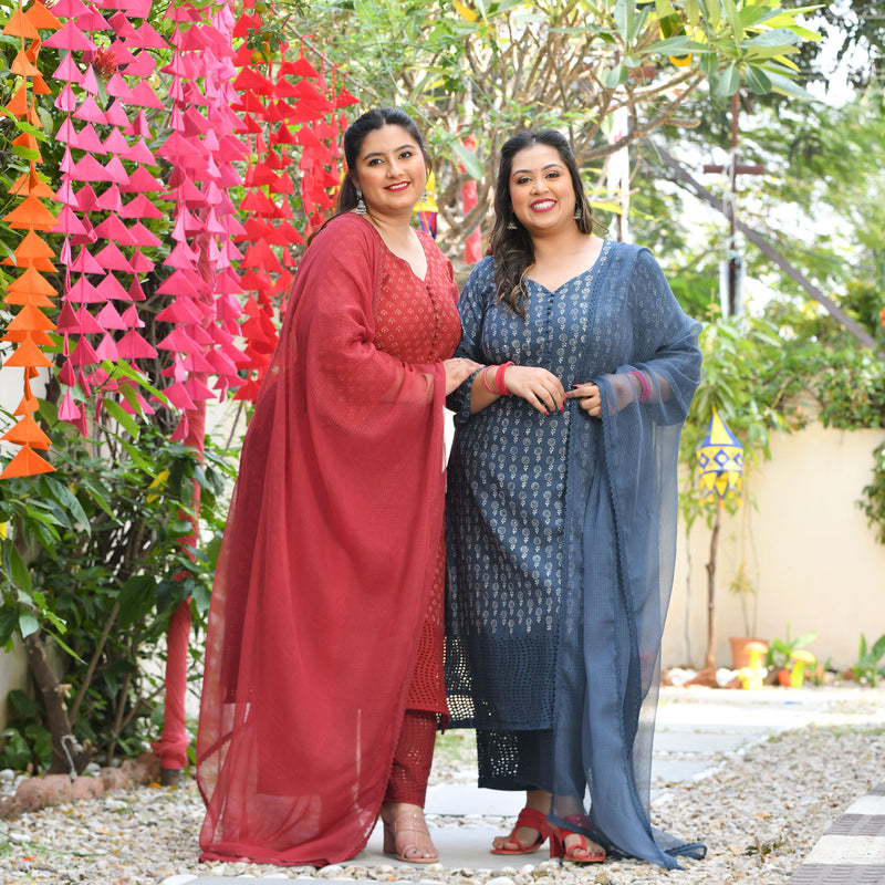 Chand Ka Tukda Handblock Printed Chikankari Suit Set