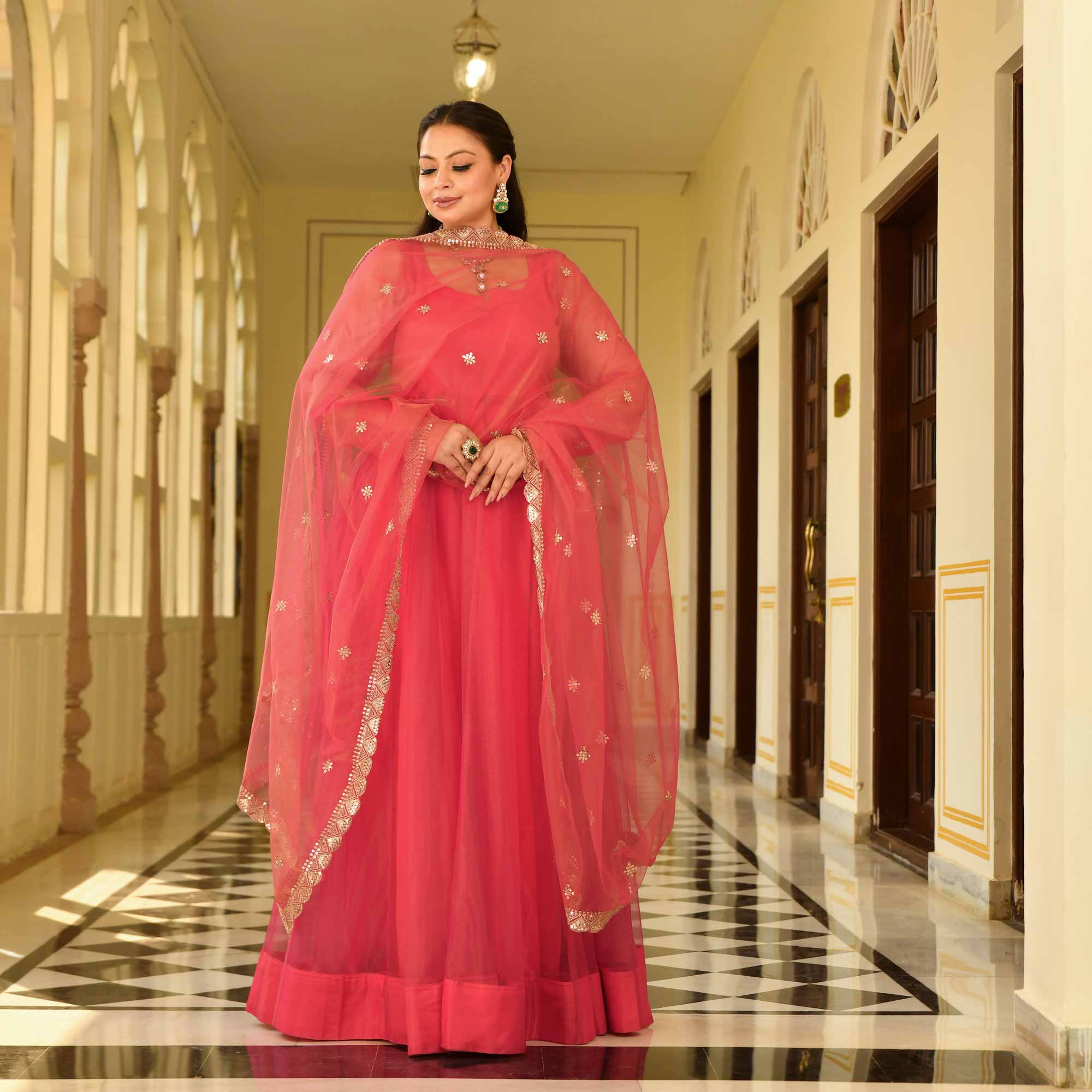 Coral Crush Glam Tissue Net Anarkali Set
