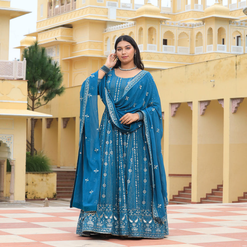 Silver Skyline Thread & Sequin Embroidered Pure Georgette Anarkali