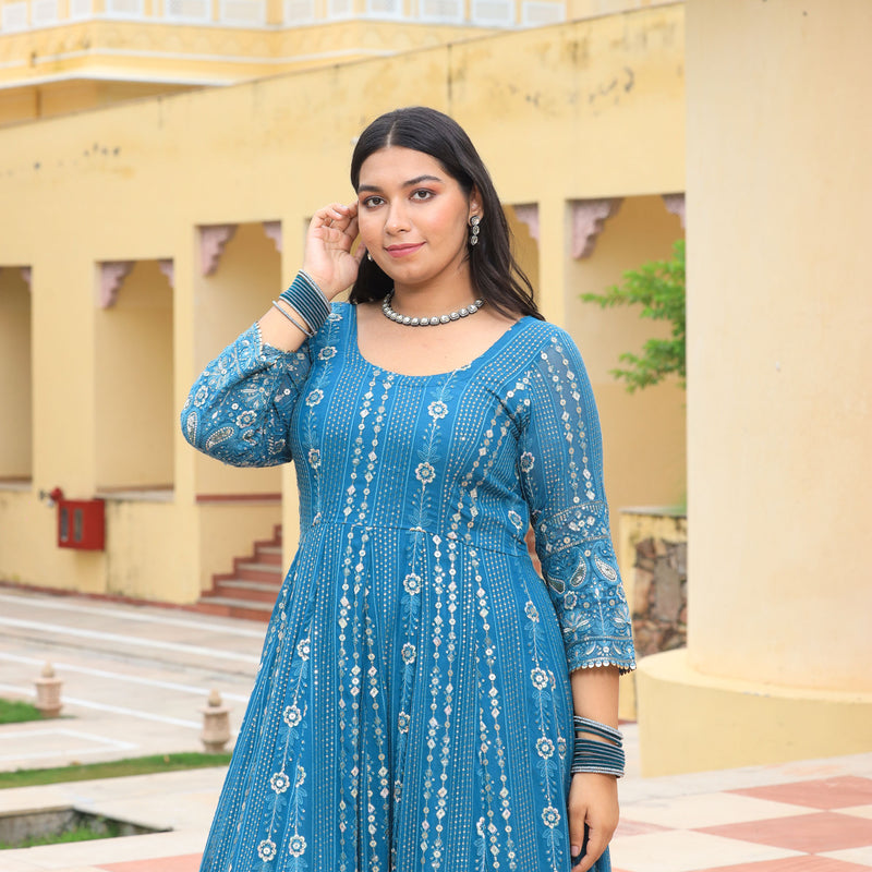 Silver Skyline Thread & Sequin Embroidered Pure Georgette Anarkali
