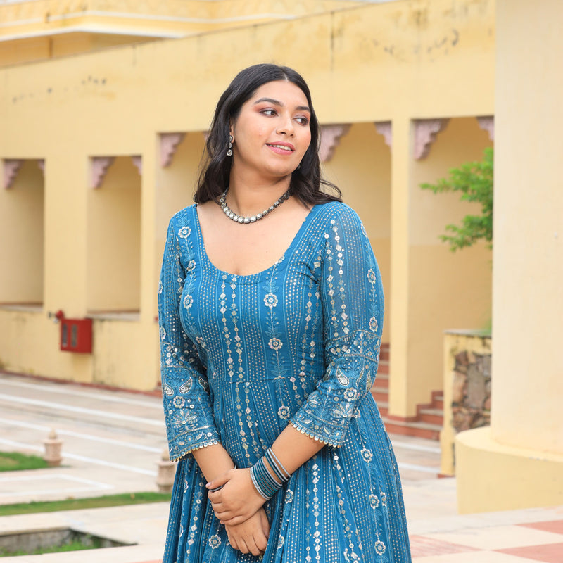 Silver Skyline Thread & Sequin Embroidered Pure Georgette Anarkali