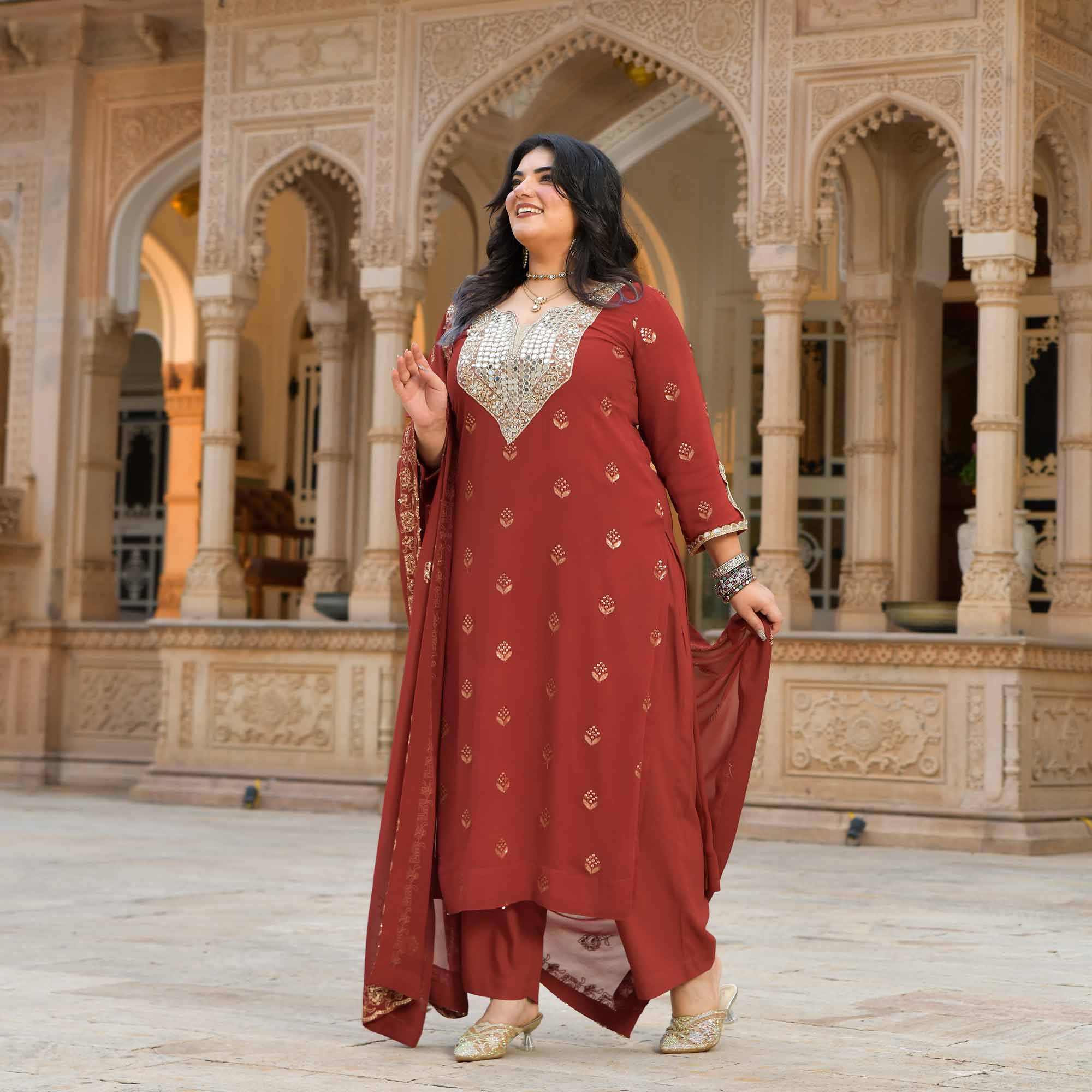 Sheesh Mahal - Rust Orange Pure Georgette Embroidery Suit Set