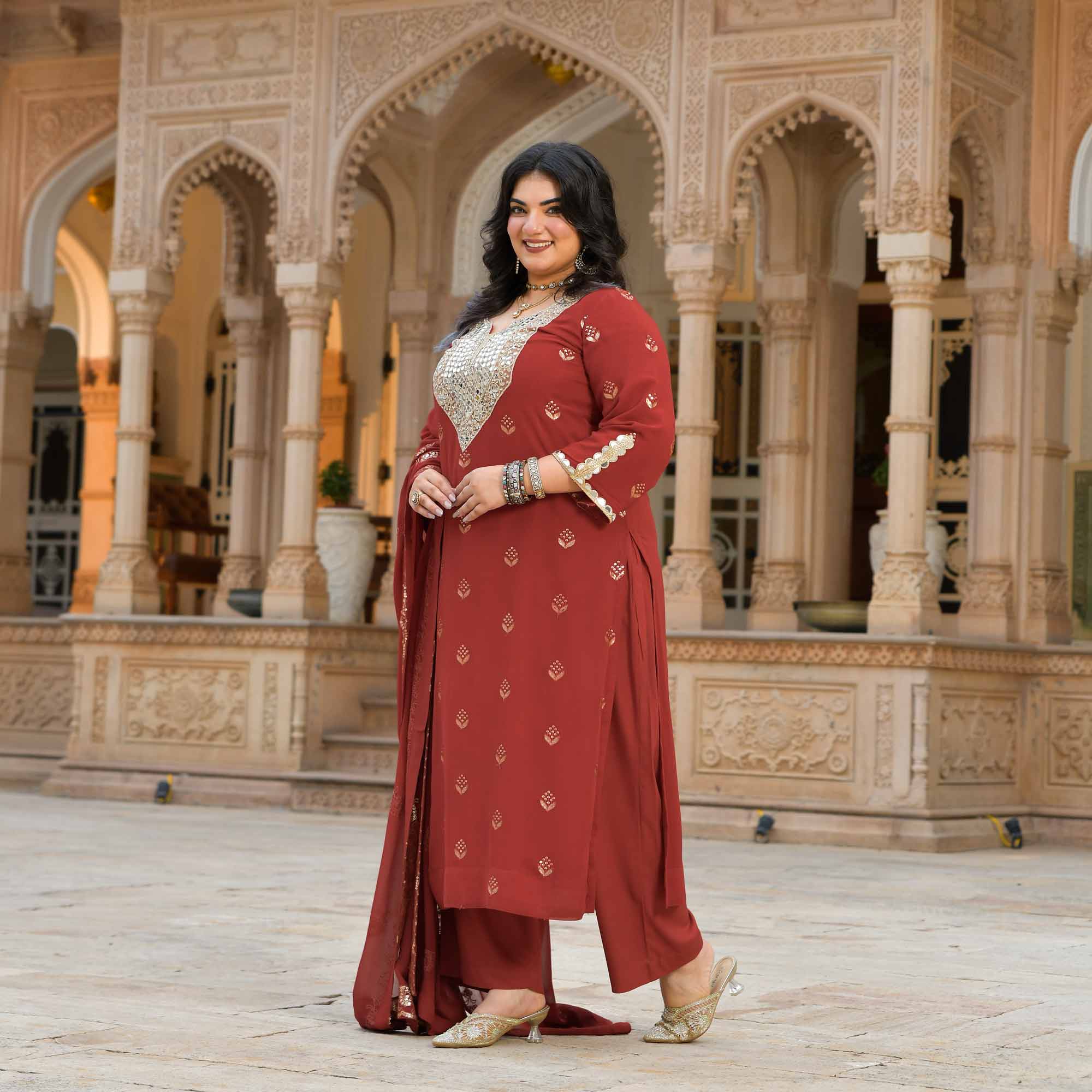 Sheesh Mahal - Rust Orange Pure Georgette Embroidery Suit Set