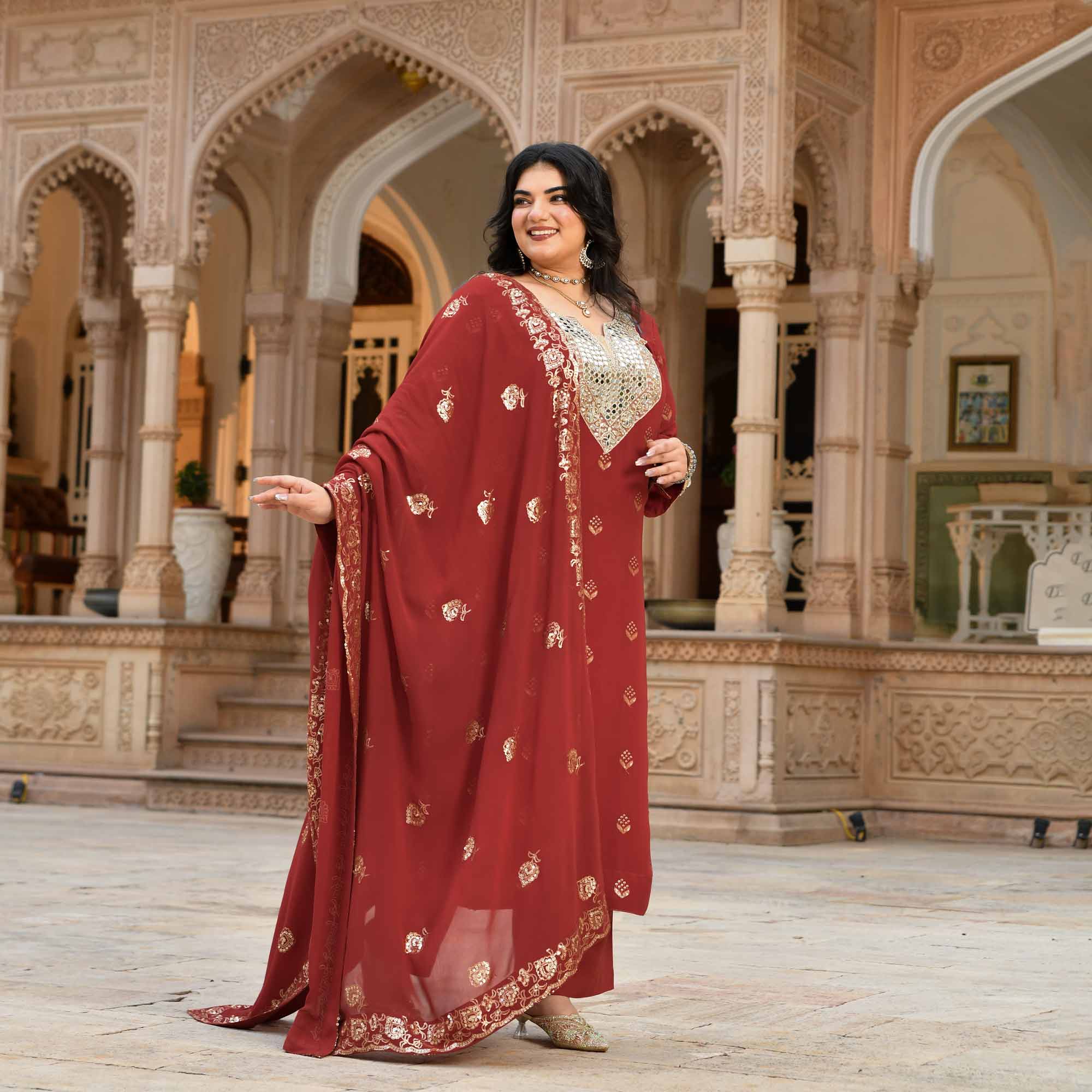 Sheesh Mahal - Rust Orange Pure Georgette Embroidery Suit Set