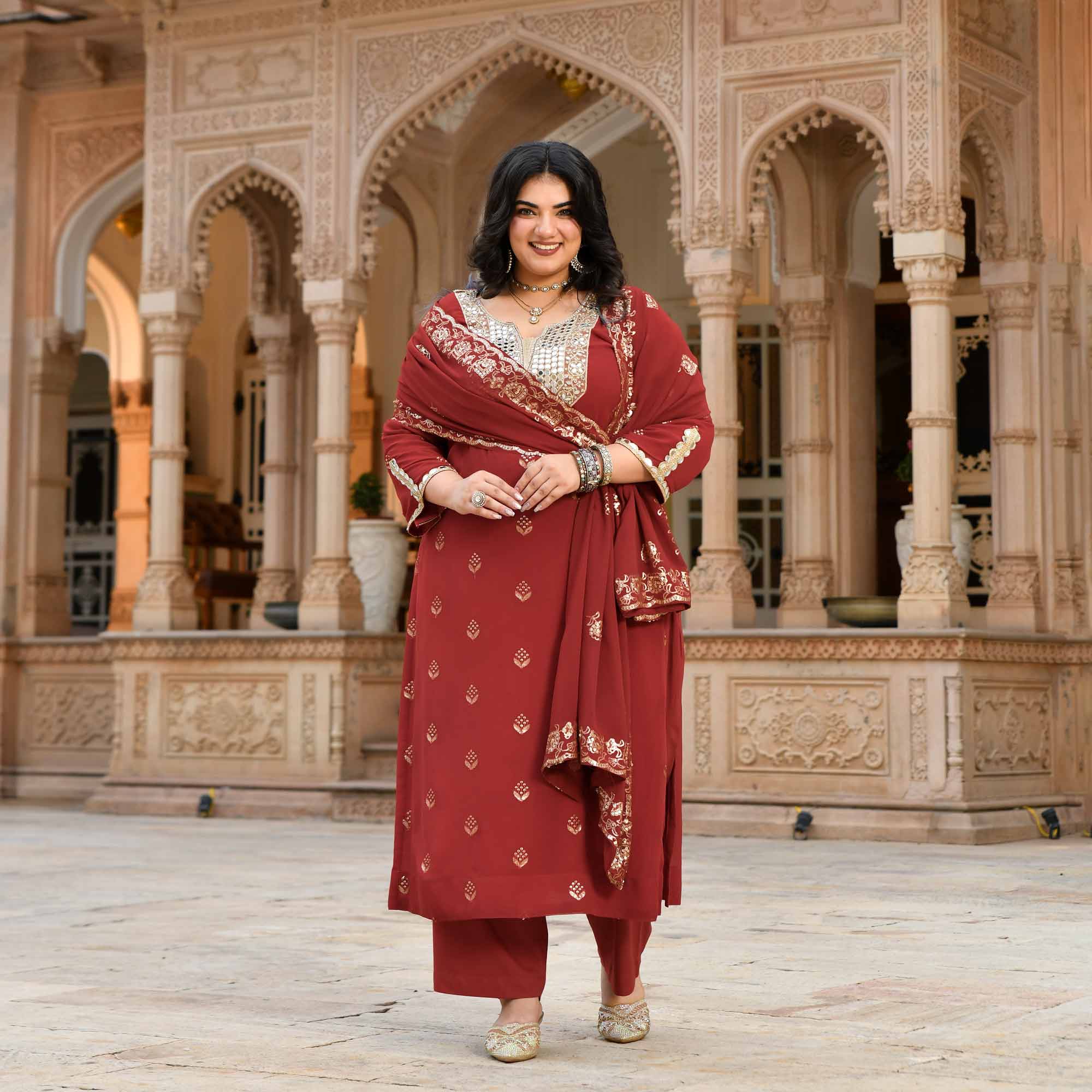 Sheesh Mahal - Rust Orange Pure Georgette Embroidery Suit Set