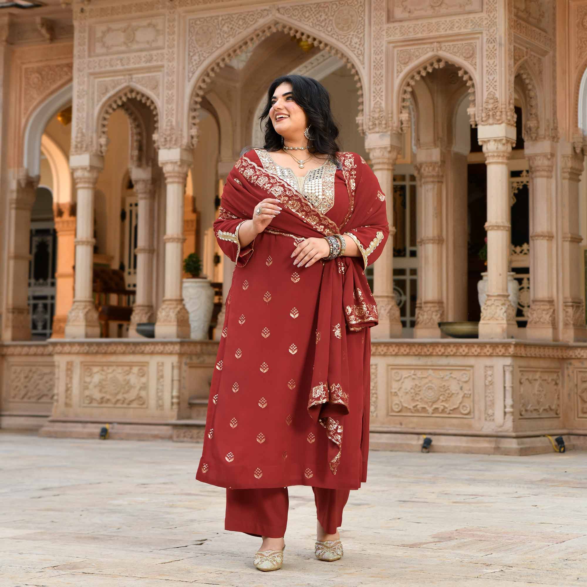 Sheesh Mahal - Rust Orange Pure Georgette Embroidery Suit Set