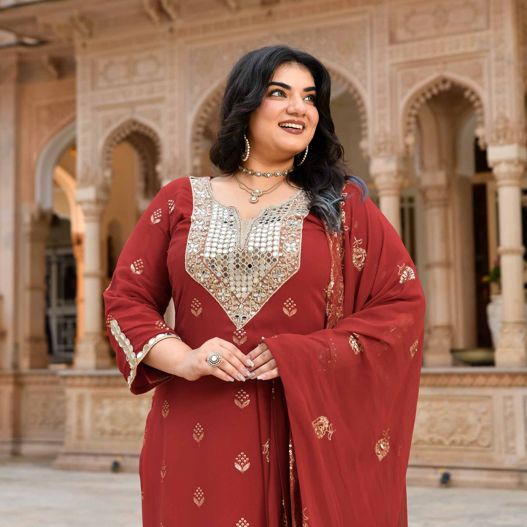 Sheesh Mahal - Rust Orange Pure Georgette Embroidery Suit Set