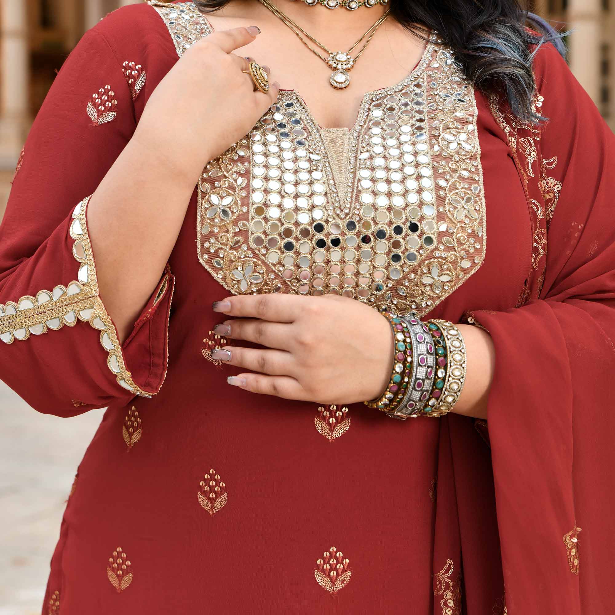 Sheesh Mahal - Rust Orange Pure Georgette Embroidery Suit Set
