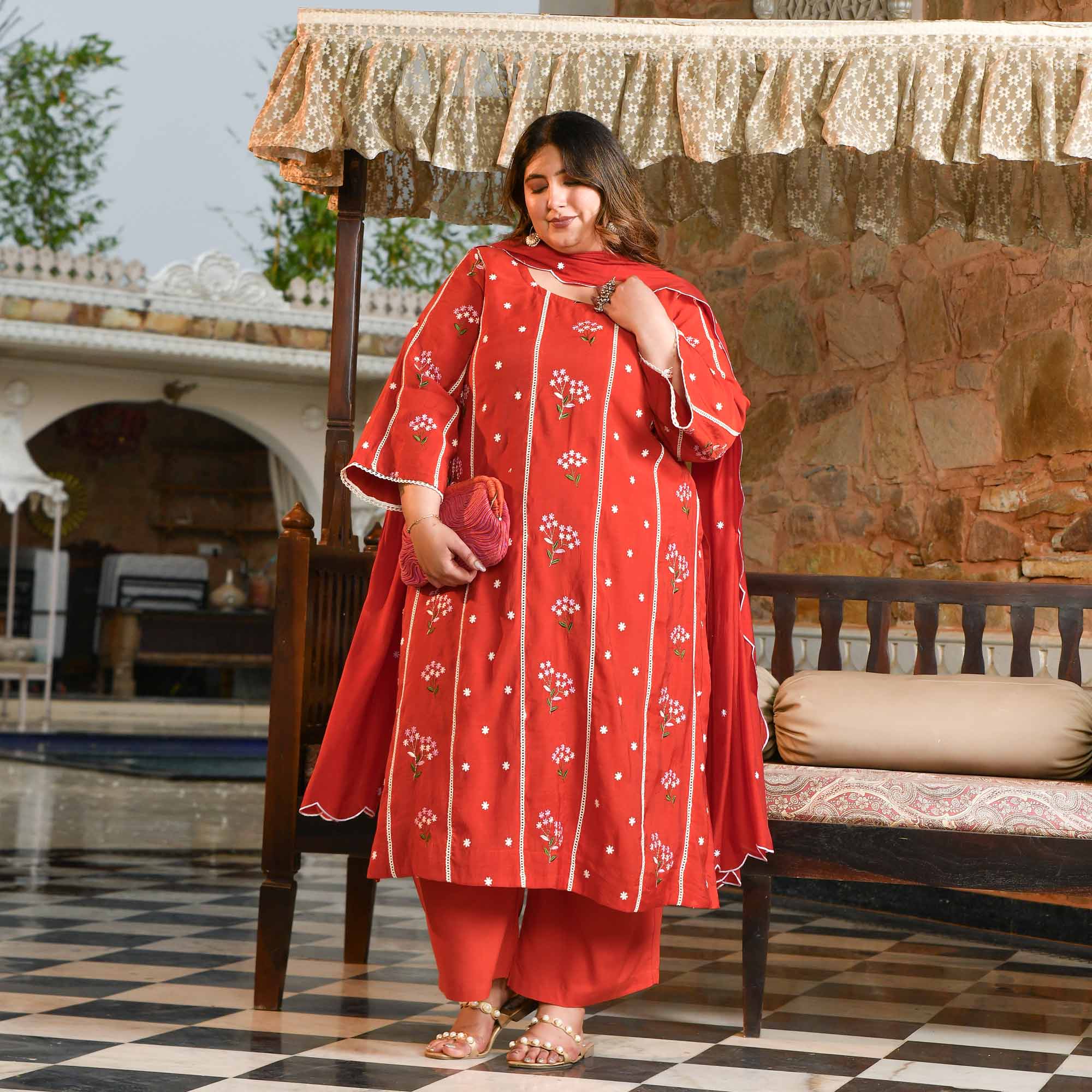 Apple Rush- Rust Orange Thread Embroidered Mul Chanderi Suit Set