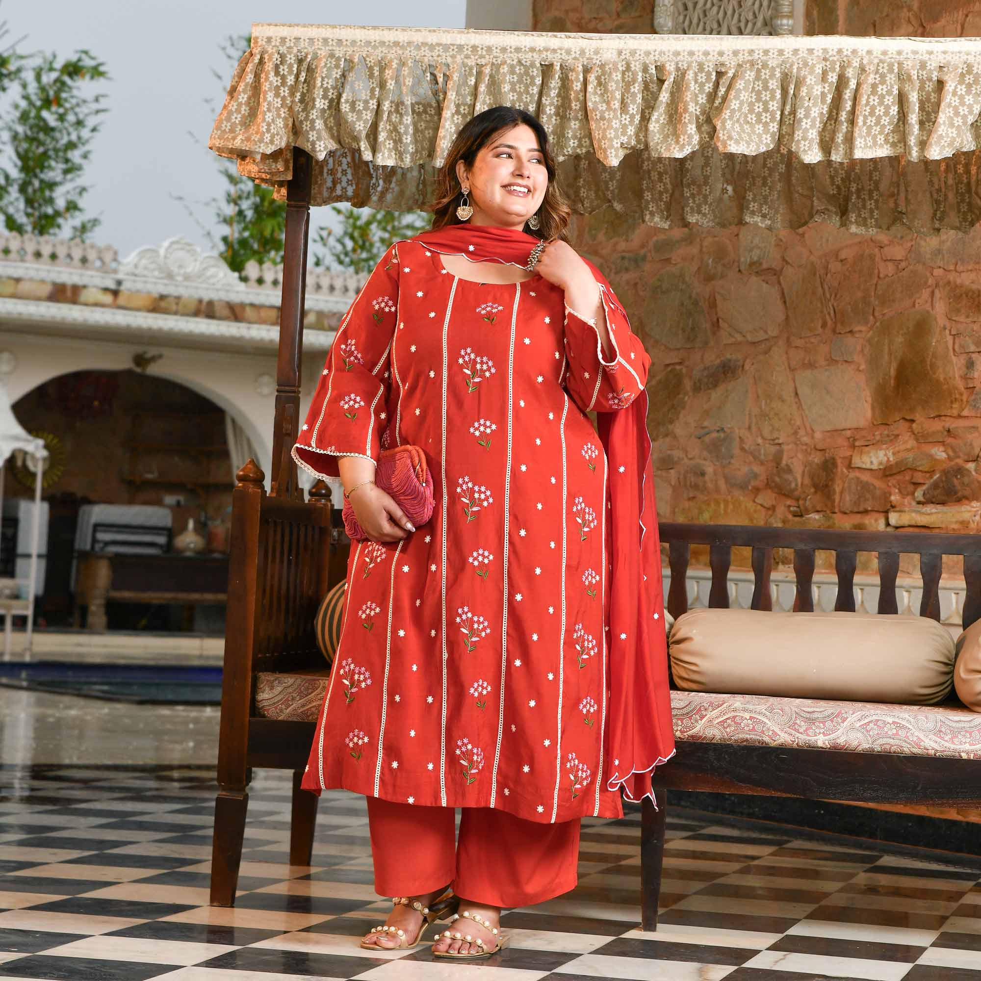 Apple Rush- Rust Orange Thread Embroidered Mul Chanderi Suit Set