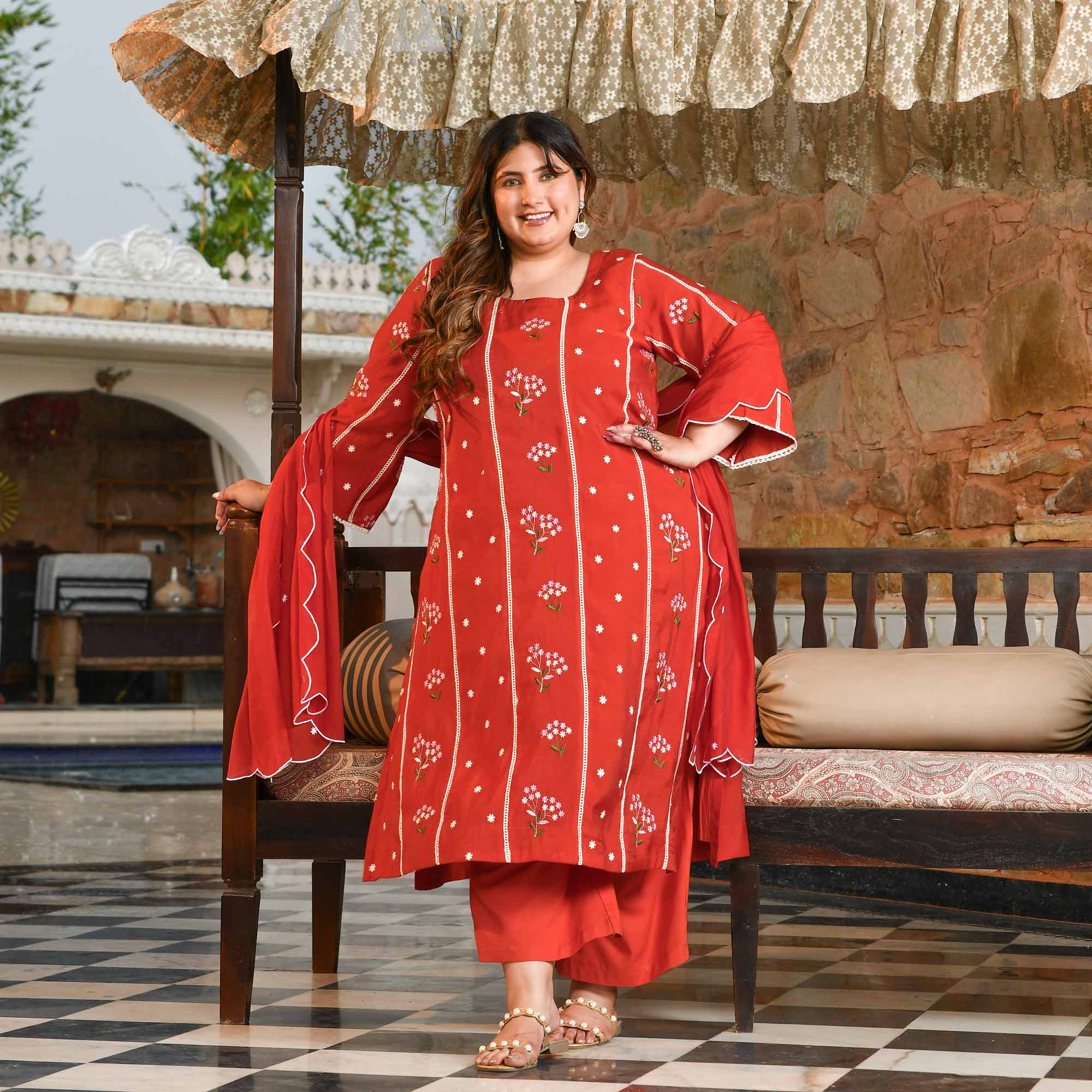 Apple Rush- Rust Orange Thread Embroidered Mul Chanderi Suit Set